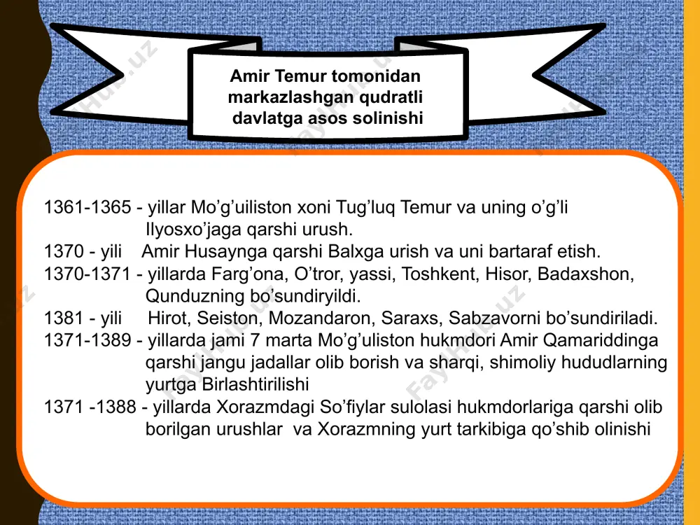 bara majmuyi shahrisabzdagi oqsaroy majmuyi buxoro, g’ijduvonda barpo etilgan masjid, madrasalar toshkent yaqinida shohruhiya shahri qurilishi «risola fil hisob» («hisobga doir risola») «sharhi mulahhas fil-ha’at» («astronomia asoslariga sharh») «risolatul jab» («sinus haqida risola») taftazonining «muftahul-ulum» («yillar kaliti») asariga sharh «zijiy ko’ragoni». bu asarda 1018 ta ulduzning o’rni, holati aniqlangan. jahondagi 683 ta geografik jolarning samarqand kengligiga nisbatan koordinatlari belgilangan. «to’rt ulus tarixi» ulug’bek akademiyasi olimlari ijodidan namunalar mirzo ulug’bek qalamiga mansub asarlar: suslam us-samo» («osmon norvoni») «risolat ul-atvor val-jab» («vatarlar va sinus haqida risola») «risola dor ilmi hisob» «risolai qusur» «risola dar handasa» «risola dar falakiot» «risola dar yilmi ha’at» «risolai mantiq» g’iyosiddin jamshid ali qushchi asarlari: qozizoda rumiy asarlari: temuryilar davri xattotllari: mirali tabrizi, shayx muhammad, junaid naqqosh, sultonali mashhadiy, abdujamil kotib, darvesh muhammad toqi, mirali qilqalam, sulton muhammad nur tasviriy san’at namoyandalari shamsiddin muhammad ibn abdulha, shax turoni, abdulla hiravi, ustoz gung, ustoz jahongir e’tiboringiz uchun raxmat!!! image1.jpeg …