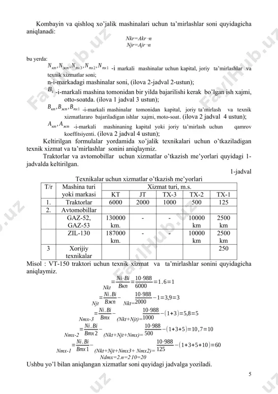 1 2 3 4 5 6 7 1 xaydov vt-150 kt 1 523 523 jt 3 320 960 tx-3 5 34,2 171 tx-2 10 5,7 57 tx-1 60 1,7 102 dtx 20 16,5 330 keltirilgan formuladan foydalanib xo’jalik texnikalariga xizmat ko’rsatishda sarflanadigan mehnat sarfi miqdorlarini aniqlaymiz. vt-150 traktoriga xizmat ko’rsatishda sarflanadigan mehnat sarfi keltirilgan formuladan foydalanib xo’jalik texnikalariga xizmat ko’rsatishda sarflanadigan mehnat sarfi miqdorlarini aniqlab ilovaning 2- jadvalidagi 7 ustuniga yozamiz. xo’jalikdagi mashinalarga o’tkaziladigan xizmatlar uchun sarflanadigan jami mehnat sarfi quyidagicha aniqlanishi mumkin. bu yerda: ∑tzd-zavodlar tomonidan shartnoma usulida bajariladigan ta’mirlash ishlari uchun sarflangan mehnat sarfi yig’indisi, kishi-soat ∑tmtu-markaziy ta’mirlash ustaxonasida bajariladigan barcha xizmatlar uchun mehnat sarflar yig’indisi, kishi- soat ; ∑tku- kuchma ustaxona tomonidan dala sharoitida o’tkaziladigan txk va ta’mirlash uchun mehnat sarflari yig’indisi, kishi- soat. ushbu yig’indilar qiymati grafikninng 7- ustunidan olib yoziladi. mtuda xo’jalik mashina-traktor parkiga txk va ta’mirlashlar o’tkazishdan tashqari qo’shimcha ishlar ham bajariladi. ustaxona dastgoxlarini …
