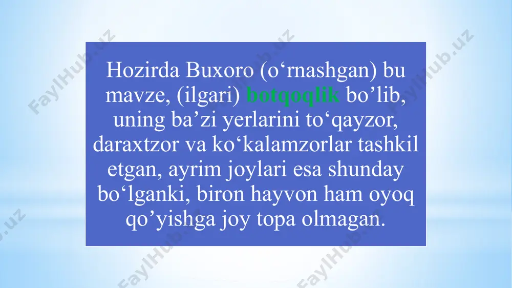 i. buning sababi, kimki boy va katta dehqon bo‘lgan bo‘lsa buxorodan qochib ketgan, kambag‘al va bechoralar esa buxoroda qolgan edilar. qochib ketgan kishilar qaytib kelgach, chorasiz (buxoroda) qolgan (kambag‘al)lar ularga xizmatkor bo‘ldilar buxoroga qaytib kelgan guruh orasida bir katta dehqon bor edi, u qadimiy dehqonzoda va koʼproq daromadli yerlar uniki boʼlganligidan uni «buxorxudot» der edilar va (buxoroda qolganlarning) koʼplari uning kadivarlari22 va xizmatkorlari edilar. 5mamostin-buxoro shahrining g‘arbida joylashgan qishloq 6saqmatin –kiyinroq sumiton deb atalgan. bu qishloq shaharrud kanalining bo‘yida sheri qishvar buxoro shahristonini qurdi hamda mamostin5, saqmatin6 va farab qishloqlarini bino qildi. u yigirma yil podshoh boʼlib turdi. undan keyin boʼlgan boshqa podshoh iskajkat, shargʼ va romtin qishloqlarini bino qildi, soʼngra faraxshiy qishlogʼiga asos soldi. xitoy podshohining qizini kelin qilib buxoroga olib kelganlarida uning jihozlari orasida xitoydan bir butxona ham olib keldilar va uni romtinga oʼrnatdilar. nur katta joy. unda masjidi jome bor; u koʼpgina rabotlarga ega. buxoro va boshqa …