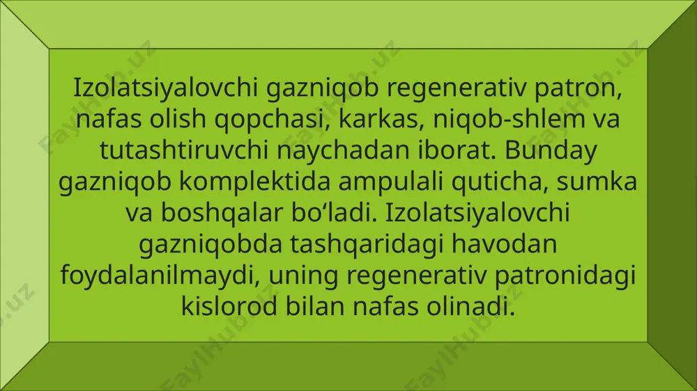 . agar gazniqob oynaklari ko‘z to‘g‘risida bo‘lsa, shlem — niqob yuzga zich tegib tursa va burishib qolmagan bo‘lsa gaz-niqob to‘g‘ri kiyilgan deb hisoblanadi. gazniqobni kiyish vaqgida nafas olmay turish va ko‘zlarni yumib olishga alohida e’tibor beriladi. filtrlovchi gazniqoblarnnng organizmga ta’siri. gazniqob kiyib yurilganda organizmning fiziologik funksiyalarida o‘zgarishi yuz beradi. kelib chiqqan o‘zgarishlarning darajasi kishining qanday jismoniy ish bajarayotganligiga, badanning mashklarga o‘rganib ketganligi va odamning sog‘lig‘iga bog‘liq bo‘ladi. gazniqobning nafas olishga qarshilik ko‘rsatishi so‘rib olinayotgan havoning ishqalanishi natijasida paydo bo‘ladi, bunda asosan gazniqob qutisi ichida joylashgan yutuvchi modda faollashgan ko‘mir qarshilik ko‘rsatadi. asl prototipga to'liq mos keladigan leibstandart kompaniyasi tomonidan ishlab chiqarilgan eng yuqori sifatli nusxa: niqobning kauchuklari asl nusxadagi kabi bir xil tekstura, rang va qalinlikda, ko'zoynak romlari ham asl nusxaga to'liq mos keladi. namuna. to'g'ri bo'yoq qoplamasidagi quti ("petrograd" deb nomlanadi), gaz hujumi paytida foydalanish bo'yicha ko'rsatmalar bilan asl yorliqlarning aniq nusxalari. filtr qutisida, asl nusxadagi kabi, ko'mir bor …