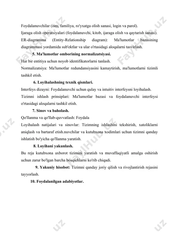 h va kutubxona resurslaridan maksimal darajada foydalanishni ta'minlashga yordam beradi. axborot tizimlari bugungi kunda barcha sohalarda, jumladan kutubxona xizmatlarida ham, muhim ahamiyatga ega. kutubxona, o'zining asosiysi bo'lib, bilimlarni saqlash va ularga kirishni ta'minlashda axborot tizimlaridan keng foydalanadi. ushbu tizimlar kutubxonalarning ishlash samaradorligini oshirish, foydalanuvchilarga kerakli ma'lumotni tez va oson topish imkoniyatini yaratishda yordam beradi. kutubxona axborot tizimlari bir necha asosiy qismdan iborat bo'lishi mumkin, jumladan ma'lumotlar bazalari, foydalanuvchi interfeyslari, va axborot qidiruv tizimlari. bu tizimlarni muvaffaqiyatli loyihalash uchun konseptual mantiqiy model yaratish zarur. konseptual mantiqiy model axborot tizimlarining ma'lumotlar tuzilmasi, ularning o'zaro aloqalari, va tizimdagi ma'lumotlar oqimi haqida umumiy tushuncha beradi. bu model foydalanuvchilarga kutubxona tizimida qanday ma'lumotlar saqlanishini, qaysi usullar bilan bu ma'lumotlarga kirish mumkinligini va tizimning qanday ishlashini aniq ko'rsatadi. axborot tizimlarini loyihalashda konseptual modelni yaratish quyidagi bosqichlardan iborat bo'lishi mumkin:ma'lumotlar to'plami va uning strukturasi: kutubxona axborot tizimi uchun muhim ma'lumotlar to'plami va ularning qanday tashkil etilishi (masalan, …