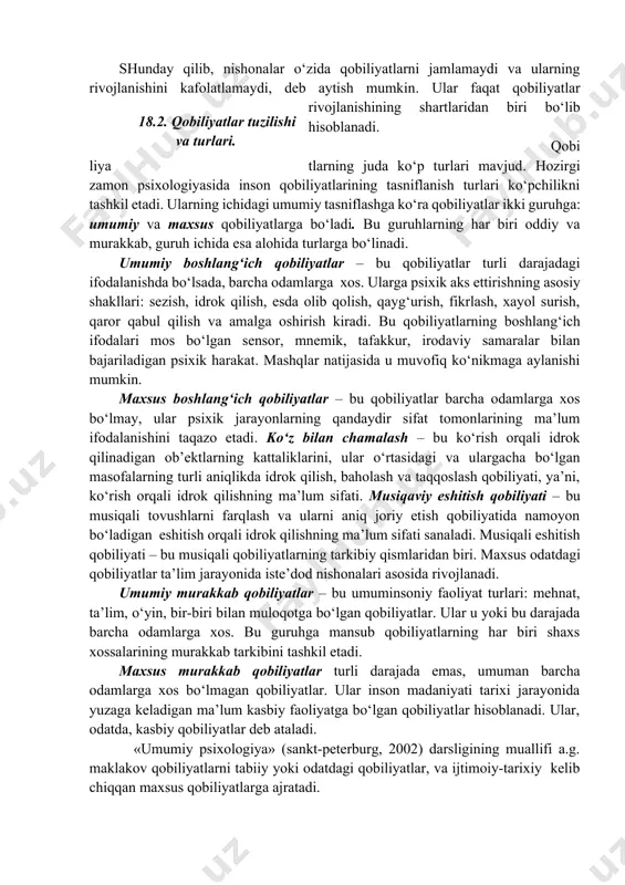 torlar rivojlanishining xususiyatlari namoyon bo‘lishi mumkin. xuddi shunday, eshitish idrokining muayyan xarakteristikalari musiqiy qobiliyatlarning rivojlanishi uchun asos sifatida yuzaga kelishi mumkin. intellektual qobiliyatlarning nishonalari esa, avvalambor, miyaning u yoki bu darajadagi qo‘zg‘aluvchanligida, asab jarayonlarining harakatchanligida, vaqtincha aloqalarning hosil bo‘lish tezligida, ya’ni, i.p. pavlov genotip – asab tizimining tug‘ma xususiyatlari deb atagan miya faoliyatining shular kabi vazifalarida namoyon bo‘ladi. miya, his-tuyg‘u organlari, harakat (tug‘ma nishonalar) tuzilishining tug‘ma anatomik-fiziologik xususiyatlari odamlar o‘rtasidagi individual farqlarning tabiiy asosini belgilab beradi. ko‘pchilik psixologlarning fikricha, nishonalar – bu asab tizimining irsiyat tomonidan belgilangan (tug‘ma) anatomik-fiziologik xususiyatlari. lekin olimlarning ayrimlari, masalan, r.s. nemov, odamda ikki xil nishonalarning: tug‘ma (tabiiy) va orttirilgan (ijtimoiy) turlari mavjudligini faraz qiladilar. nishonalarning rivojlanishi – bu tarbiya sharoitlari va jamiyat rivojlanishining xususiyatlari bilan bog‘liq bo‘lgan ijtimoiy shartlangan jarayon. jamiyatda u yoki bu kasbga ehtiyoj tug‘ilgan sharoitda nishonalar rivojlanadi va qobiliyatlarga aylanadi; nishonalar rivojlanishining ikkinchi muhim omili tarbiyalash xususiyatlari hisoblanadi. nishonalar maxsus bo‘lmaydi. odamda …