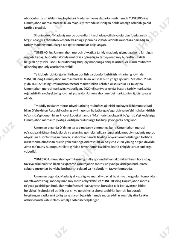 haytirish va bu borada keng jamoatchilik institutlari- yani mahallalar nazoratini yo`lga qo`yish ham muhim ahamiyat kasb etadi. 2. o`zbek xalqi me`morchiligi mohiyat e`tibori jihatidan buyuk bunyodkorlik san`atidir. mustaqillik yillarida me`morchilik san`ati yanada rivojlanib, takomillashib bormoqda. me`morchilik ikki asosiy tamoyil ko`zga tashlanadi. ulardan biri sharqona me`morchilikning an`anaviy qonun-qoidalariga rioya etishdir. bu tamoyil temuriylar tarixi davlat muzeyi, turkiston saroyi, oliy majlis, toshkent shahar hokimiyati binolari timsolida o`z aksini topgandir. me`morchilikdagi ikkinchi tamoyil esa o`zbekistonning jahon hamjamiyatidan munosib o`rin olish sari intilishini namoyish etuvchi jahon me`morchiligining eng yaxshi yutuqlaridan foydalanishda namoyon bo`lmoqda. bunday binolar jumlasiga “meridian”, “afrosiyob”, “buxoro”, “interkontinental`”, ” sheraton” mehmonxonalari, “o`zekspomarkaz”, milliy bank, markaziy bank, “toshkentplaza” savdo markazi, respublika birja markazi, banklararo moliyaviy xizmatlar markaz,o`zbekiston davlat konservatoriyasi va boshqa binolarni kiritish mumkin. toshkent shahri ko`rkiga ko`rk qo`shib turgan “oloy”, “chorsu”, “otchopar”, “yunusobod”, “mirobod”, “parkent”, “qo`yliq” va boshqa bozor binolari, shuningdek “yunusobod” tennis markazi, “jar” sport markazi singari zamonaviy inshoatlar barpo etildi. …