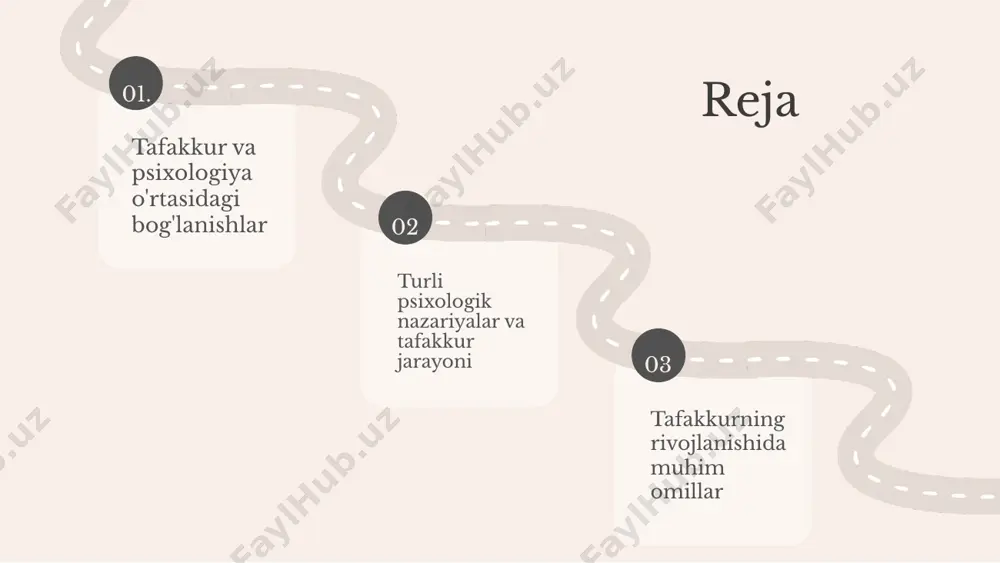 va e'tibor bilan bog'liq bo'lib, insonning umumiy fikrlash qobiliyatini belgilaydi. kognitiv psixologiyaning ta'siri kognitiv psixologiya, tafakkur jarayonlariga ta'sir ko'rsatib, insonlarning fikrlash usullarini va qaror qabul qilishlarini o'zgartiradi. bu, shuningdek, ta'lim va o'qitishda samaradorlikni oshirishda muhim rol o'ynaydi. 01. 02. 03. tafakkur va qaror qabul qilish tafakkurning qaror qabul qilish jarayonidagi roli qaror qabul qilishda tafakkur usullari va strategiyalari ta'sir qiluvchi omillar: misollar tafakkur jarayonida muammolar tafakkur jarayonida ko'plab muammolar va qiyinchiliklar paydo bo'lishi mumkin. masalan, odamlar tez-tez qaror qabul qilishda ikkilanishadi yoki xatolarni tan olishda qiyinchilikka duch kelishadi. bu muammolar, ko'pincha, odamlarning o'zlariga bo'lgan ishonchining pasayishiga olib keladi. muammolarni hal qilish uchun turli psixologik strategiyalar mavjud. masalan, 'muammolarni kichik qismlarga bo'lish' usuli, muammolarni yengilroq qilishga yordam beradi. odamlar o'z muammolarini kichik va boshqarilishi mumkin bo'lgan qismlarga ajratganda, ular ularni yechishga osonroq yondashishlari mumkin. o'ylash jarayonida muammolarni hal qilish uchun har bir inson o'z tajribasidan foydalansa, bu juda foydali bo'ladi. misol …