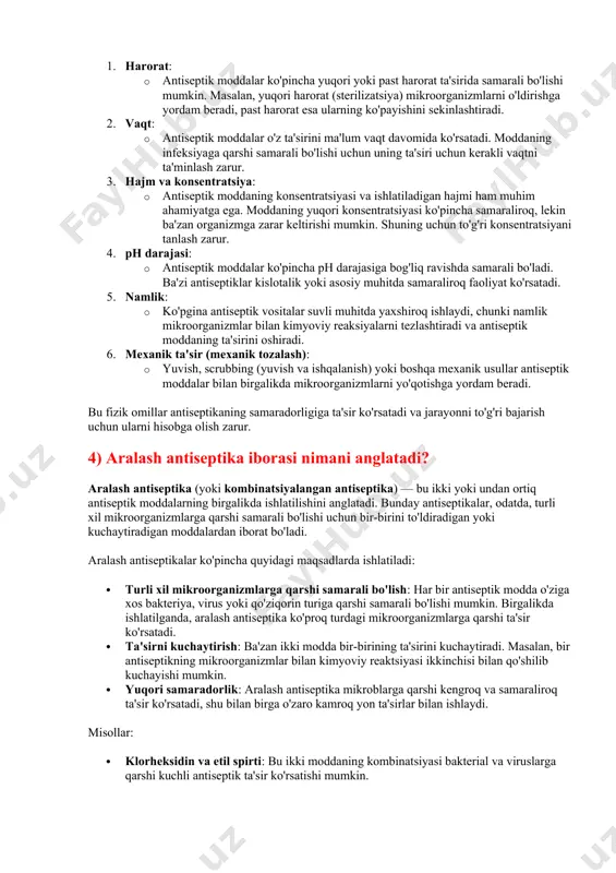 zaki ravishda tayinlanadi. bu jarayon infektsiyani oldini olish va yiringning to'planishini bartaraf etish uchun zarur, shuningdek, antiseptik vositalar infeksiyaning yanada tarqalishini oldini olishga xizmat qiladi. demak, yiringli bo'shliqni drenajlash jarayoni antiseptikaning invaziv va yuqori darajali turiga kiradi. 3) antiseptikaning fizik omillarini sanab bering antiseptikaning fizik omillari quyidagilardan iborat: 1. harorat: · antiseptik moddalar ko'pincha yuqori yoki past harorat ta'sirida samarali bo'lishi mumkin. masalan, yuqori harorat (sterilizatsiya) mikroorganizmlarni o'ldirishga yordam beradi, past harorat esa ularning ko'payishini sekinlashtiradi. 2. vaqt: · antiseptik moddalar o'z ta'sirini ma'lum vaqt davomida ko'rsatadi. moddaning infeksiyaga qarshi samarali bo'lishi uchun uning ta'siri uchun kerakli vaqtni ta'minlash zarur. 3. hajm va konsentratsiya: · antiseptik moddaning konsentratsiyasi va ishlatiladigan hajmi ham muhim ahamiyatga ega. moddaning yuqori konsentratsiyasi ko'pincha samaraliroq, lekin ba'zan organizmga zarar keltirishi mumkin. shuning uchun to'g'ri konsentratsiyani tanlash zarur. 4. ph darajasi: · antiseptik moddalar ko'pincha ph darajasiga bog'liq ravishda samarali bo'ladi. ba'zi antiseptiklar kislotalik yoki asosiy …