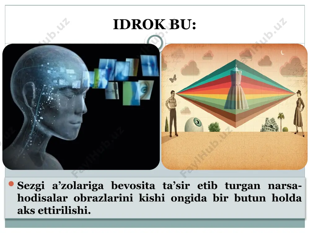 asosini nima tashkil etadi? 3. idrokning asosiy xossalari haqida gapirib bering. 4. idrok illyuziyalari haqida nimalarni bilasiz? 5. idrok turlari va shakllarining qanday tasniflanishlarini bilasiz? 6. idrokda jism va fon, yaxlit va xususiy o‘zaro munosabatlar haqida gapirib bering. 7. idrokdagi individual farqlar nimalarda namoyon bo‘ladi? 8. bolalarda idrok rivojlanishining asosiy qonuniyatlarini ochib bering. e’tiboringiz uchun rahmat image3.jpeg image4.jpeg image5.jpeg image6.jpeg image7.jpeg image8.jpeg image9.jpeg image10.png image11.png image12.png image13.png image14.jpeg image15.jpeg image16.jpeg image17.jpeg image18.jpeg image19.png image20.jpeg image21.png image22.jpeg