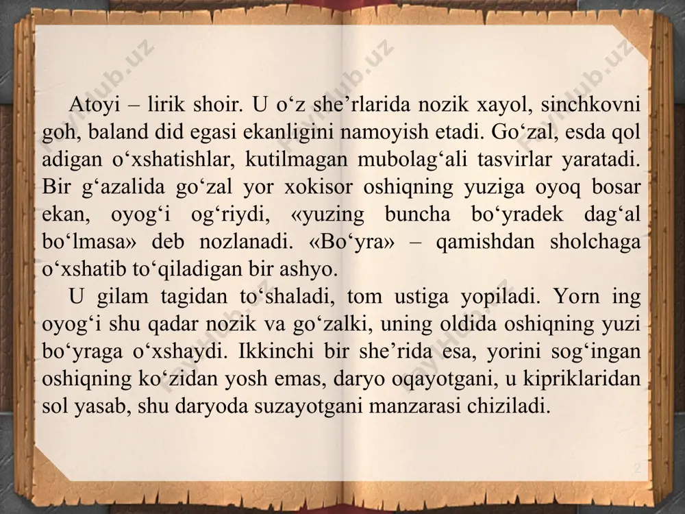 ing insonga bo‘lgan muhabbatini ko‘rish mumkin. ul sanamkim, suv yaqosinda paritek o‘lturur, g‘oyati nozikligindin suv bila yutsa bo‘lur, – baytida noziknihol qiz tasvir etilayotganiga shubha yo‘q. * she’rda ma’shuqa shu qadar nozik, shunchalar go‘zal qiz sifatida tasvirlanadiki, go‘yo uni bir qoshiq suv bilan yutib yuborish mumkinday. atoyi xalq iboralarini g‘oyat yaxshi biladi va undan o‘rinli foydalana oladi. g‘azalning matla’sida ham shu hol sezilib turibdi. shoir navbatdagi o‘xshatishni keltiradi. ma’shuqaning bog‘ ichidag i ariq bo‘yiga kelishi go‘yo jannat bog‘idagi kavsar suvi (hovuzi) yoniga hur-u parining kelishiga o‘xshaydi: to magarkim salsabil obina javloni qila, keldi jannat ravzasindin obi kavsar sori hur. * qizning go‘zalligi, tiniqligi, pokizaligi shunchalikki, u qo‘lini suvda yuvib tozalamaydi, balki qo‘lini yuvib suvni poklaydi: ul ilikkim suvdin oriqtur, yumas oni suvda, balki suvni pok bo‘lsin deb iligi birla yur. oshiq suv yoqasida paridek o‘ltirgan tengsiz go‘zalga qarab, hayrat bilan «suv qizi», ya’ni suv parisining «goh-goh ko‘zga ko‘rin ishi»ga imon …