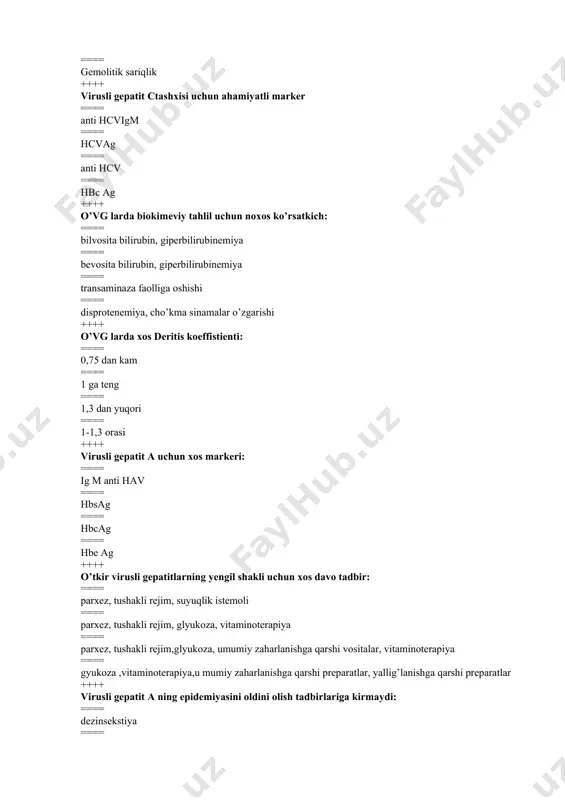 dini olish uchun emlash vaqti: ==== 1 sutka, 2, oylikda, ==== tug’ilganda, 4 oylikda, 16 oylikda ==== 16- oylikda 7 eshda ==== 7 eshda 16 eshda ++++ o’tkir virus replikastiyasini ko’rsatuvchi markyorlar: ==== hbeag, anti hbe, dnk ==== hbsag, ig m anti hbc, hbcag ==== dnk –p, hbsag, hbxag ==== hb pol, pres1, pres2 ++++ virusli gepatit d koinfekstiyasini ko’rsatuvchi markyorlar: ==== igm anti hbc, hbsag igm anti hdv, hbeag ==== hbsag, ig g anti hdv, hbeag ==== hbeag, ig g anti hdv, hbxag ==== hbsag, dnk, hdv antigen ++++ virusli gepatit d superinfekstiya ko’rsatuvchi markerlar: ==== hbsag, ig m anti hdv, hbeag ==== igm anti hbc, hbsag igm anti hdv, hbeag ==== hbeag, ig g anti hdv, hbxag ==== hbsag, dnk, hdv antigen ++++ kasalanish darajasi boshqarilishi mumkin bo’lgan vg: ==== virusli gepatiti b,a ==== virusli c gepatiti ==== virusli gepatiti e ==== virusli gepatiti d ++++ o’tkir virusli …