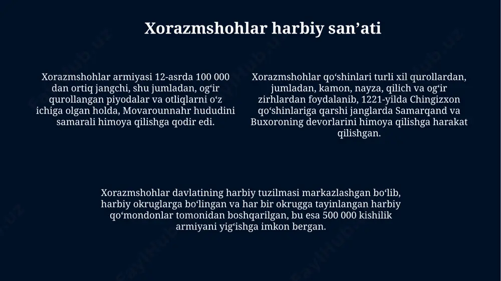dagi jangda, son jihatdan ustun boʻlgan moʻgʻul armiyasi oʻzining yuksak harbiy mahorati va manevr qobiliyati tufayli gʻalaba qozondi. jang usullari va taktikasi moʻgʻullar 13-asrda qalmoq dashtlarida 100 000 kishilik qoʻshinlarni muvaffaqiyatli boshqarishda, ularning harbiy taktikasida tezkor harakatlanish va ayyorlikni ustun qoʻyishgan. xorazmshohlar armiyasi 1221 yilda amudaryo boʻylaridagi janglarda filolaridan va ogʻir piyoda askarlaridan foydalanishgan, biroq moʻgʻullar armiyasining chaqqonligi va son jihatidan ustunligi tufayli magʻlubiyatga uchragan. 15-asrda anqara yaqinidagi janglarda ottomonlar 30 000 dan ortiq qoʻshin bilan timur qoʻshinlariga qarshi kurash olib borishgan, ammo timur qoʻshinlarining uyushganligi va ilgʻor taktikasi ularning magʻlubiyatiga sabab boʻlgan. moʻgʻullar urush strategiyasi chingizxon davrida ishlab chiqilgan "yasa" qonunlari moʻgʻul armiyasining samarali boshqaruv tizimini, idisciplina va oʻzaro hamkorlikni ta'minlab, masalan, xorazm hududidagi janglarda muhim rol oʻynagan. moʻgʻul qoʻshinlari 100 000 dan ortiq jangchi va ulardan 70% ini tashkil etgan otliq askarlar bilan yaxshi tuzilgan armiya boʻlib, strategik jihatdan muhim boʻlgan qora dengiz va kaspiy dengizi hududlarini nazorat …