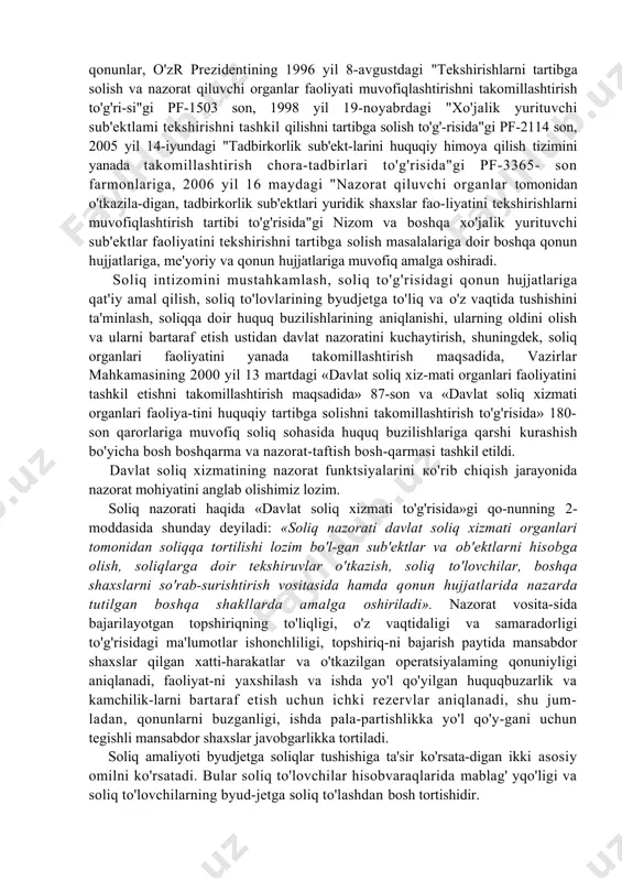 lat soliq xiz-mati organlari faoliyatini tashkil etishni takomillashtirish maqsadida» 87-son va «davlat soliq xizmati organlari faoliya-tini huquqiy tartibga solishni takomillashtirish to'g'risida» 180-son qarorlariga muvofiq soliq sohasida huquq buzilishlariga qarshi kurashish bo'yicha bosh boshqarma va nazorat-taftish bosh-qarmasi tashkil etildi. davlat soliq xizmatining nazorat funktsiyalarini ко'rib chiqish jarayonida nazorat mohiyatini anglab olishimiz lozim. soliq nazorati haqida «davlat soliq xizmati to'g'risida»gi qo-nunning 2-moddasida shunday deyiladi: «soliq nazorati davlat soliq xizmati organlari tomonidan soliqqa tortilishi lozim bo'l-gan sub'ektlar va ob'ektlarni hisobga olish, soliqlarga doir tekshiruvlar o'tkazish, soliq to'lovchilar, boshqa shaxslarni so'rab-surishtirish vositasida hamda qonun hujjatlarida nazarda tutilgan boshqa shakllarda amalga oshiriladi». nazorat vosita-sida bajarilayotgan topshiriqning to'liqligi, o'z vaqtidaligi va samaradorligi to'g'risidagi ma'lumotlar ishonchliligi, topshiriq-ni bajarish paytida mansabdor shaxslar qilgan xatti-harakatlar va o'tkazilgan operatsiyalaming qonuniyligi aniqlanadi, faoliyat-ni yaxshilash va ishda yo'l qo'yilgan huquqbuzarlik va kamchilik-larni bartaraf etish uchun ichki rezervlar aniqlanadi, shu jum-ladan, qonunlarni buzganligi, ishda pala-partishlikka yo'l qo'y-gani uchun tegishli mansabdor shaxslar javobgarlikka tortiladi. …