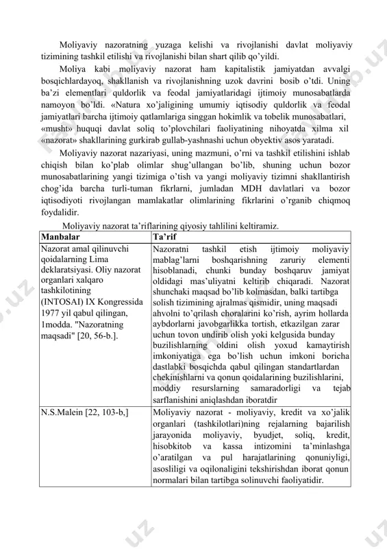 nlari xalqaro tashkilotining (intosai) ix kongressida 1977 yil qabul qilingan, 1modda. "nazoratning maqsadi" [20, 56-b.]. nazoratni tashkil etish ijtimoiy moliyaviy mablag’larni boshqarishning zaruriy elementi hisoblanadi, chunki bunday boshqaruv jamiyat oldidagi mas’uliyatni keltirib chiqaradi. nazorat shunchaki maqsad bo’lib kolmasdan, balki tartibga solish tizimining ajralmas qismidir, uning maqsadi ahvolni to’qrilash choralarini ko’rish, ayrim hollarda aybdorlarni javobgarlikka tortish, etkazilgan zarar uchun tovon undirib olish yoki kelgusida bunday buzilishlarning oldini olish yoxud kamaytirish imkoniyatiga ega bo’lish uchun imkoni boricha dastlabki bosqichda qabul qilingan standartlardan chekinishlarni va qonun qoidalarining buzilishlarini, moddiy resurslarning samaradorligi va tejab sarflanishini aniqlashdan iboratdir n.s.malein [22, 103-b,] moliyaviy nazorat - moliyaviy, kredit va xo’jalik organlari (tashkilotlari)ning rejalarning bajarilish jarayonida moliyaviy, byudjet, soliq, kredit, hisobkitob va kassa intizomini ta’minlashga o’aratilgan va pul harajatlarining qonuniyligi, asosliligi va oqilonaligini tekshirishdan iborat qonun normalari bilan tartibga solinuvchi faoliyatidir. d.a.allaxverdyan [6, 6-b.] moliyaviy nazorat - davlat nazoratining tarkibiy qismi, iqtisodiy boshqarish va rejalashtirish butun tizimining elementidir. …