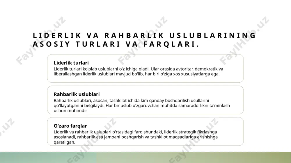 kuchaytiradi va jamoani birlashtiradi. o'zbekistonning rahbarlik uslublarida milliy qadriyatlar roli. milliy qadriyatlar o'zbekistonning rahbarlik uslublarida milliy qadriyatlar, xalqning tarixiy, madaniy va diniy merosidan kelib chiqadi, rahbarlikda mustahkam asos yaratadi. an'analar va liderlik o'zbek an'analari, rahbarlik uslublarida samimiylik va jamoatchilikni qadrlashni ta'minlaydi, bu esa liderlarning obro'sini oshiradi va ishonchni kuchaytiradi. zamonaviy ta'sirlar milliy qadriyatlar, zamonaviy boshqaruv tamoyillari bilan uyg'unlashib, o'zbekistondagi rahbarlik uslublarini yanada rivojlantirish va global tendensiyalarga moslashishga yordam beradi. o'zbek madaniyatining liderlik strategiyalariga ta'siri. 1 madaniyat va liderlik - o'zbek madaniyati, an'anaviy qadriyatlar va ijtimoiy munosabatlar orqali liderlik strategiyalarini shakllantiradi, bu esa rahbarlik uslublarini ta'sir qiladi. 2 an'anaviy qadriyatlar - o'zbekistonda rahbarlar an'anaviy qadriyatlar, masalan, samimiylik va hurmatga asoslangan yondashuvlarni qo'llab, o'z jamoalarini boshqaradilar. 3 zamonaviy yondashuvlar - o'zbek madaniyati global ta'sirlar bilan birga zamonaviy liderlik yondashuvlarini qabul qilmoqda, bu esa innovatsion strategiyalarni rivojlantirishda yordam beradi. o'zbekistonda rahbarlik uslublarida xalqaro tajribalar va madaniyat. 1 xalqaro tajribalar o'zbekistonda rahbarlik uslublari xalqaro …