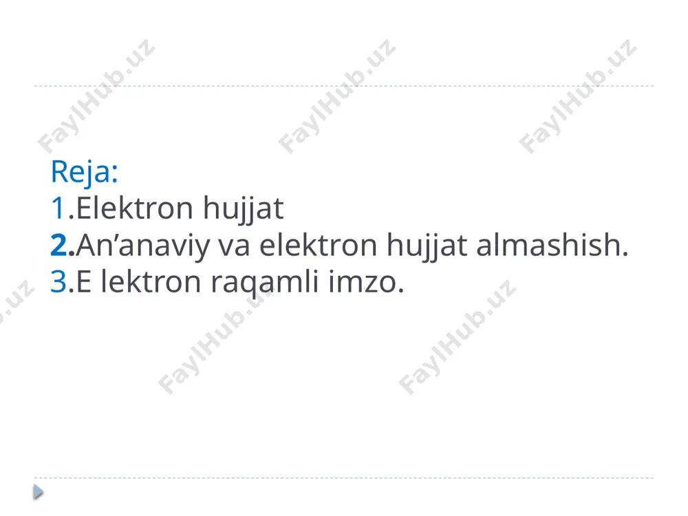 iga topshiriladi. shundan so‘ng pochta xizmati xodimlari tomonidan hujjat kerakli manzilga jo‘natiladi va etkaziladi. elektron hujjatlarni almashish tizimi esa an’anaviy hujjat almashish tizimidan biroz farq qilinadi. bunda hujjat elektron ko‘rinishda kompyuter, telekommunikatsiya va internet tarmog‘i orqali uzatiladi. elektron hujjatlarni almashish jarayonida maxsus ixtisoslashtirilgan tizimlardan (e-hujjat) yoki elektron pochta xizmatidan foydalaniladi.elektron hujjat almashish tizimlarida hujjatlarni uzatish juda tezkor amalga oshiradi. imzo va uning ahamiyati. imzo – hujjatning haqiqiyligini va yuborgan jismoniy shaxsga tegishli ekanligini tasdiqlaydigan insonning fiziologik xususiyati. imzo orqali insonning shaxsi hamda u yozgan hujjatning haqiqiyligi aniqlanadi muhr va uning ahamiyati. muhr – hujjatning haqiqiyligini va biror bir yuridik shaxsga tegishli ekanligini tasdiqlovchi isbotdir. muhrlar o‘zining alohida shakliga ega bo‘lib, asosan hujjatlarning va undagi imzolarning aslligini tasdiqlaydi elektron raqamli imzo. elektron raqamli imzo o‘zbekiston respublikasining “elektron raqamli imzo to‘g‘risida”gi 2003 yil 11 dekabrdagi 562- ii son qaroriga binoan quyidagicha ta’riflanadi. elektron raqamli imzo - elektron hujjatdagi mazkur elektron hujjat axborotini …