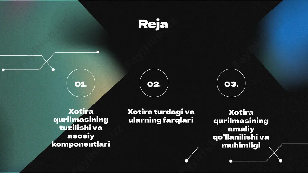 qalgan, kelajakda yangi materiallar va arxitekturalar rivojlanadi. xotira qurilmasining amaliy qo'llanilishi xotira qurilmalari keng tarqalgan texnologik sohalarda qo'llaniladi, masalan, kompyuterlar, mobil qurilmalar va serverlar. ular ma'lumotlarni saqlash, qayta ishlash va uzatishda muhim rol o'ynaydi. masalan, ram va qattiq disklar tizimlarning ishlash samaradorligini oshiradi. xotira qurilmalari yordamida ma'lumotlar yuqori ishonchlilik va tezlik bilan saqlanadi. ularning rivojlanishi bilan ma'lumotlarni boshqarish jarayonlari soddalashtirilmoqda va samaradorligi oshirilmoqda. bu, ayniqsa, katta ma'lumotlar markazlari va zamonaviy kompyuter tizimlarida muhimdir. xotira qurilmasining muammolari va rivojlanishi texnologik rivojlanish va muammo hal qilish yondashuvlari xotira muammolari: tezlik, quvvat va ma'lumot barqarorligi. yangi materiallar va arxitekturalar ishlab chiqilmoqda. rivojlanish tendensiyalari: 3d nand, qlc, tlc texnologiyalari, shuningdek, mram va reram tadqiqotlari davom etmoqda. yangi texnologiyalar: optik, kvant va sun'iy intellekt asosidagi xotira algoritmlari, samaradorlik va ishonchlilik oshmoqda. xulosa xotira qurilmalari tuzilishi va turlari, asosiy komponentlar va ularning vazifalari haqida umumiy ma'lumotlar. rivojlanayotgan texnologiyalar, muammolar va kelajakdagi rivojlanish tendensiyalari keltirilgan. kelajakda memristorlar, …