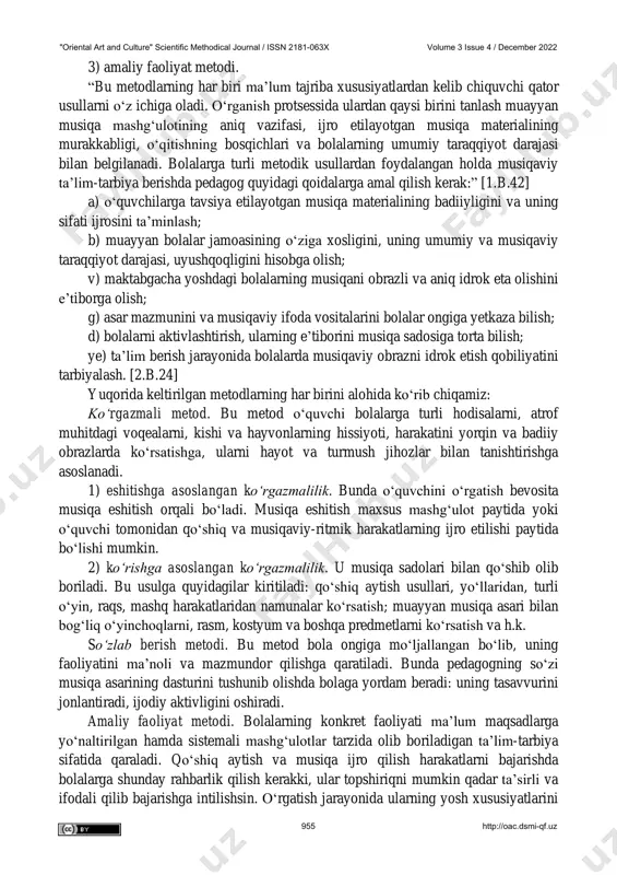 iquvchi qator usullarni о‘z ichiga oladi. о‘rganish protsessida ulardan qaysi birini tanlash muayyan musiqa mashg‘ulotining aniq vazifasi, ijro etilayotgan musiqa materialining murakkabligi, о‘qitishning bosqichlari va bolalarning umumiy taraqqiyot darajasi bilan belgilanadi. bolalarga turli metodik usullardan foydalangan holda musiqaviy ta’lim-tarbiya berishda pedagog quyidagi qoidalarga amal qilish kerak:” [1.b.42] a) о‘quvchilarga tavsiya etilayotgan musiqa materialining badiiyligini va uning sifati ijrosini ta’minlash; b) muayyan bolalar jamoasining о‘ziga xosligini, uning umumiy va musiqaviy taraqqiyot darajasi, uyushqoqligini hisobga olish; v) maktabgacha yoshdagi bolalarning musiqani obrazli va aniq idrok eta olishini e’tiborga olish; g) asar mazmunini va musiqaviy ifoda vositalarini bolalar ongiga yetkaza bilish; d) bolalarni aktivlashtirish, ularning e’tiborini musiqa sadosiga torta bilish; ye) ta’lim berish jarayonida bolalarda musiqaviy obrazni idrok etish qobiliyatini tarbiyalash. [2.b.24] yuqorida keltirilgan metodlarning har birini alohida kо‘rib chiqamiz: kо‘rgazmali metod. bu metod о‘quvchi bolalarga turli hodisalarni, atrof muhitdagi voqealarni, kishi va hayvonlarning hissiyoti, harakatini yorqin va badiiy obrazlarda kо‘rsatishga, ularni hayot …