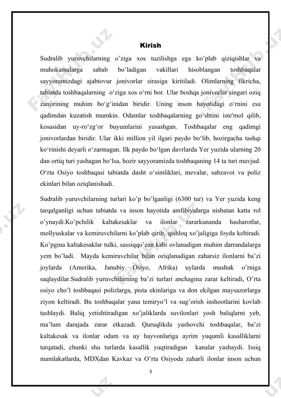 ng turlari yoki hatto guruhlari bo‘yicha ixtisoslashadi. kadrlar yetishmasligi tufayli o‘zbek olimlari tor ixtisoslik bilan cheklanib qolmasdan, barchasi bilan: sudralib yuruvchilar ham, suvda va quruqlikda yashovchilar bilan ham shug‘ullanadilar sudralib yuruvchilarning toshbaqalar turkumi o’ziga xos tuzilishga ega hayvonlar hisoblanadi. ular ahamiyatli jonivorlar bo’lib ba’zi zarar keltiruvchi turlari bo’lsada ma’lum sohalarda foydalaniladi. jumladan uy hayvonlari sifatida ham boqiladi. bundan tashqari oziq-ovqat mahsulotilaridan biri ham hisoblanadi. toshbaqalarni aqsh, yevropa, yaponiyaning zoodo‘konlari hamda restoranlari xarid qilishadi. xalqimiz orasida esa bu hayvonlarni o’ziga xos hosiyatli deb hisoblashgan. ularga ozor bermaslikni uqtirishgan. bu jonivorlar qadimgi xalq eposlarida sabrli, mas’uliyatli, yaxshi insonlar obrazida kelganini ham ko’rishimiz mumkin. bunga sabab ularning harakatlarida tajavuzkorlik yo’qligi, sekin harakatlanishidir. ularning o’ziga jalb etuvchi xususiyati tanasini tashqi tomondan qoplab olgan kosalari bo’lib, u toshbaqa hayotida juda muhim ahamiyatga ega hisoblanadi. so’nggi yillarda ularga qiziqish va talab ortganligi sababli ba’zi turlar soni kamayib muhofazaga olinishga majbur bo’lindi. aytish joizki, ma'lum kattalikdagi jonivorlar …