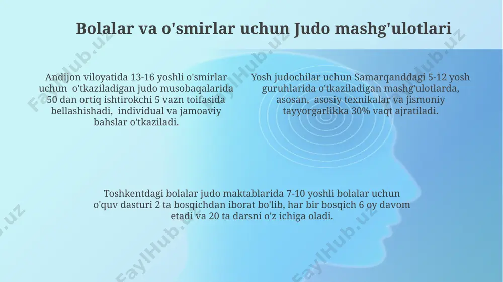 и масофавий таълим олди ва натижаларни баҳолаш тизими яратилди. judo va o'z-o'zini himoya qilish 1895-yilda jigoro kano tomonidan yaponiyada yaratilgan judo, o'z-o'zini himoya qilishning samarali usullarini o'z ichiga olgan bo'lib, raqibning kuchini unga qarshi ishlatishga asoslangan 200 dan ortiq texnikaga ega. judo bo'yicha mashg'ulotlar, jismoniy kuch va tezkorlikni rivojlantirish bilan bir qatorda, o'z-o'zini himoya qilish uchun zarur bo'lgan 5 ta asosiy printsip – muvozanat, qo'l texnikasi, oyoq texnikasi, yerga yiqitish va bo'g'ish usullarini o'z ichiga oladi. jahon bo'ylab 20 milliondan ortiq odam judo bilan shug'ullanib, nafaqat jismoniy sog'lom turmush tarzini o'rganadilar, balki shaxsiy xavfsizlikni ta'minlash, stressni kamaytirish va o'z-o'zini himoya qilish ko'nikmalarini rivojlantiradilar. judo kelajagi va istiqbollari oʻzbekistonning dzyudo maktablari va sport komplekslari soni 20 yil ichida 2 baravar oshgan, natijada toshkent, samarqand va buxoro kabi shaharlarda yosh avlod uchun yangi imkoniyatlar yaratildi. jahon miqyosida 2028 yilgacha 150 dan ortiq mamlakatda 5 milliondan ortiq litsenziyalangan dzyudochi boʻlishi kutilmoqda, bu sportning …