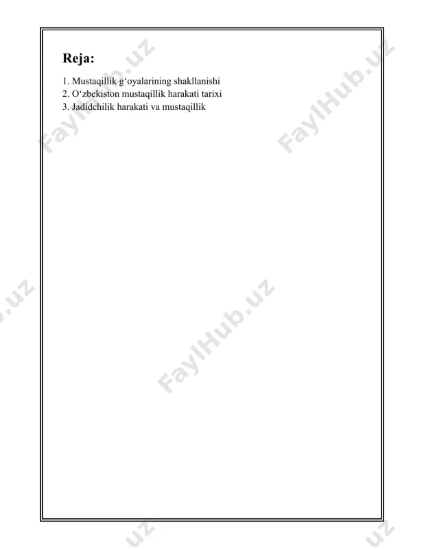 muxtoriyatlari va turli milliy ozodlik harakatlari ham mustaqillik gʻoyalarining shakllanishida turtki boʻldi. mazkur jarayonlarda milliy ziyolilar va faollar oʻz xalqi uchun siyosiy, iqtisodiy va madaniy mustaqillikka erishish yoʻlida jiddiy kurash olib bordilar. 1991 yilning 31 avgustida oʻzbekiston respublikasi oliy kengashining navbatdan tashqari sessiyasida mustaqillik deklaratsiyasi qabul qilinib, 1 sentyabr mustaqillik kuni deb eʼlon qilindi. bu qaror sobiq sovet ittifoqidan chiqqan boshqa davlatlar qatorida oʻzbekistonning ham mustaqil davlat sifatida xalqaro maydonga chiqishini anglatdi. oʻzbekistonning birinchi prezidenti islom karimov mustaqillikning dastlabki yillarida milliy davlatchilikni barpo etish, iqtisodiy va siyosiy islohotlarni amalga oshirishga boshchilik qilgan. shu davrda milliy mustaqillik gʻoyalari asosida yangi jamiyat qurishga intilish davlat siyosatining asosiy yoʻnalishlaridan biriga aylandi. mustaqillik gʻoyalarining shakllanishida xalqning oʻz davlat va tarixi bilan faxrlanish tuygʻusi, mustaqil davlat qurish orzusi va kelajak avlodlar uchun yaxshi hayot sharoitlarini yaratish istagi ham oʻz aksini topdi. ayni paytda ushbu gʻoyalar oʻzbek xalqi birligining va milliy oʻzligini saqlab qolishning ajralmas qismi …