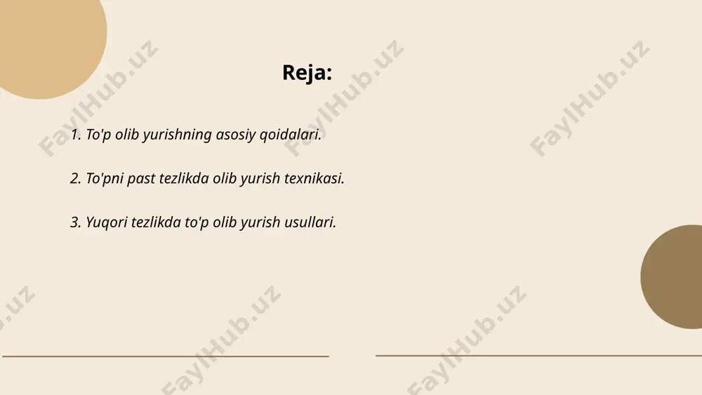 qlashga yordam beradi. ikkinchidan, boshni yuqoriga ko'tarib, maydonni kuzatish orqali qaror qabul qilish tezligini oshirish mumkin. uchinchidan, to'pni oyoqning ichki yoki tashqi qismi bilan nazorat qilib, raqibning reaksiyasini chaqirib, yo'nalishni tez-tez o'zgartirish lozim. ushbu usulda mashq qilish uchun haftada kamida 3-4 marotaba, har biri 30 daqiqa davomida mashqlar o'tkazish foydalidir. ... t.me/slaydai_bot 4. to'pni oyoq usti bilan olib yurish. to'pni oyoq usti bilan olib yurish futbol texnikasi bo'lib, bu asosan o'yingohda to'pni balandlikda nazorat qilishni o'z ichiga oladi. bu texnikani o'rganishda muhim omillar qatoriga to'pni oyoq ustida muvozanatda ushlab turish, oyoqning yuqori qismini nazorat qilish kiradi. o'rtacha murabbiylar ushbu texnikani mashq qilish uchun 10-15 daqiqalik kunlik mashg'ulotlarni tavsiya qiladilar. mutaxassislar futbolchilar uchun har xil takroriy usullarni qo'llaydilar, jumladan, 20-30 marta ketma-ket urgan holda to'pni tushirmaslik. profi darajadagi o'yinchilar 100 martadan ortiq ketma-ket yurishlari mumkin, bu ularga texnikani mukammal darajada ushlash imkonini beradi. futbol to'pini olib yurish texnikasini o'rgatish metodikasi. pirimqulov …