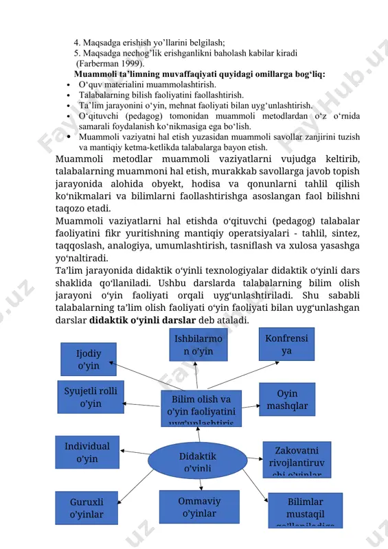 riqlаrigа аylаntirish; 4. mаqsаdgа erishish yo’llаrini bеlgilаsh; 5. mаqsаdgа nеchоg’lik erishgаnlikni bаhоlаsh kаbilаr kirаdi (fаrbеrmаn 1999). muammoli ta’limning muvaffaqiyati quyidagi omillarga bog‘liq: · o‘quv materialini muammolashtirish. · talabalarning bilish faoliyatini faollashtirish. · ta’lim jarayonini o‘yin, mehnat faoliyati bilan uyg‘unlashtirish. · o‘qituvchi (pedagog) tomonidan muammoli metodlardan o‘z o‘rnida samarali foydalanish ko‘nikmasiga ega bo‘lish. · muammoli vaziyatni hal etish yuzasidan muammoli savollar zanjirini tuzish va mantiqiy ketma-ketlikda talabalarga bayon etish. muammoli metodlar muammoli vaziyatlarni vujudga keltirib, talabalarning muammoni hal etish, murakkab savollarga javob topish jarayonida alohida obyekt, hodisa va qonunlarni tahlil qilish ko‘nikmalari va bilimlarni faollashtirishga asoslangan faol bilishni taqozo etadi. muammoli vaziyatlarni hal etishda o‘qituvchi (pedagog) talabalar faoliyatini fikr yuritishning mantiqiy operatsiyalari - tahlil, sintez, taqqoslash, analogiya, umumlashtirish, tasniflash va xulosa yasashga yo‘naltiradi. ta’lim jarayonida didaktik o‘yinli texnologiyalar didaktik o‘yinli dars shaklida qo‘llaniladi. ushbu darslarda talabalarning bilim olish jarayoni o‘yin faoliyati orqali uyg‘unlashtiriladi. shu sababli talabalarning ta’lim olish faoliyati o‘yin faoliyati …