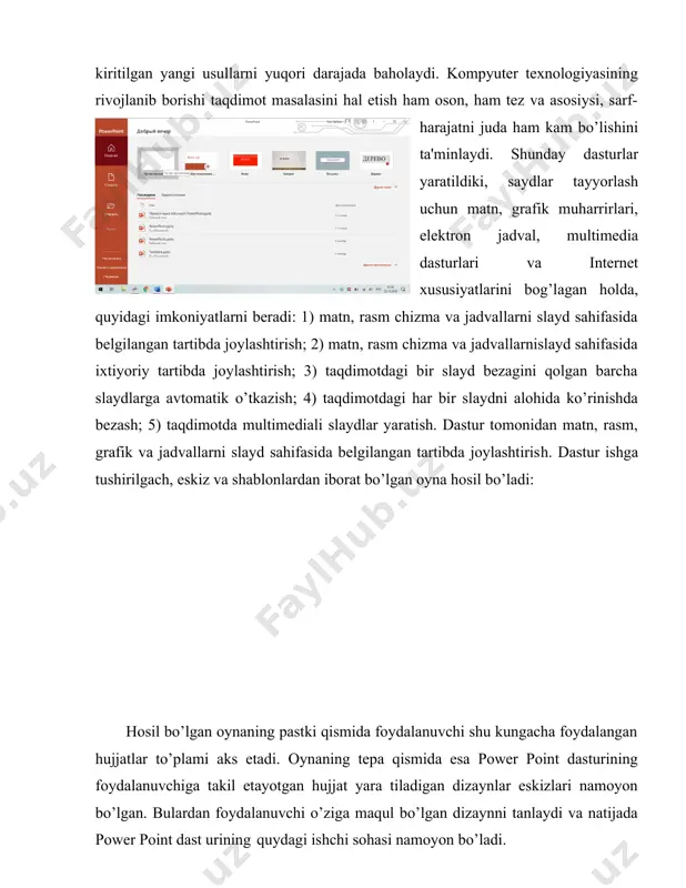 bulardan foydalanuvchi o’ziga maqul bo’lgan dizaynni tanlaydi va natijada power point dast urining quydagi ishchi sohasi namoyon bo’ladi. power point taqdimotlar muxarririning menyusi oynani yuqori qismida joylashgan bo’lib u 10 bo’limdan iborat: fayl, pravka, vid, vstavka, format, servis, tablitsa va okno. bu bo’limlar yordamida biz taqdimot, slayd va ularda joylashgan xar xil matn, rasm hamda boshqa istalgan obyektlar ustidan har xil amallarni bajarishimiz mumkin. endi bu bo’limlar bilan yaqinroq tanishaylik: asosiy menyu (главная) yordamida foydalanuvchilar slayd qo’shishlari, yozuvlarga ishlov berishlari, abzats va matn ko’rinishlari bilan ishlashlari mumkin: prezentatsiya avvalo, sarlavhali slayddan boshlanadi. bunda taqdimot yaratuvchining ism-sharifi, tanlagan mavzusi va shu kabilar yoziladi. masalan: prеzеntatsiyalarni turli ko’rinishlarda namoyish etish mumkin. bu ko’rinishlar mеnyuning «вид» qismidan tanlanadi. · «слайды» – prеzеntatsiyani slaydlar ko’rinishida ko’rsatish; · «структура» – bu band tanlanganda prеzеntatsiya nеchta slayddan iborat bo’lsa ular ro’yxati nomlari va ularga tavsiflari bilan ko’rinadi; · «сортировщик слайдов» - bu band tanlanganda esa prеzеntatsiya …