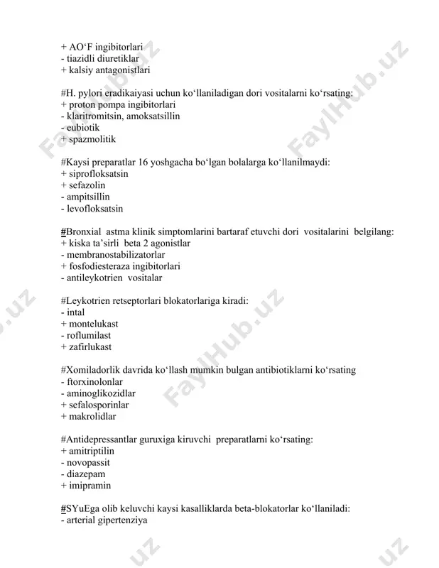 ar + leykotrien ingibitorlari - metilksantinlar + glyukokortikosteroidlar #kaysi kasallikka paroksizmal aksirish xos? - adenoid - utkir etmoidit - koxlear nevrit + allergik rinit - utkir urta otit #qaysi kasallikka burundan nafas olish kiyinligi xos emas? - adenoidlar - utkir etmoidit - utkir rinit - allergik rinit + utkir urta otit #qaysi kasallikka suyakning atrofik zararlanishi xos? - surunkali rinit - utkir etmoidit - utkir rinit - allergik rinit + ozena #qaysi kasallikka sassik katkaloklar xos? - ozena -utkir etmoidit - utkir rinit - allergik rinit + surunkali atrofik rinit #rinoskopiya turlari: +old - yon - pastki - gorizontal - yukori #kokosmiya nima? - xid sezishni yukligi - normal eshitish - xid sezishni pasayishi - xurujli xid sezish + uzgargan xid sezish #burun necha xil funksiyani bajaradi? + 5 - 7 - 12 - 13 - 1 #burun bushligi epiteliysi kaysi tomonga xarakatlanadi? - xaotik, yunalishsiz - kulok tomonga - …