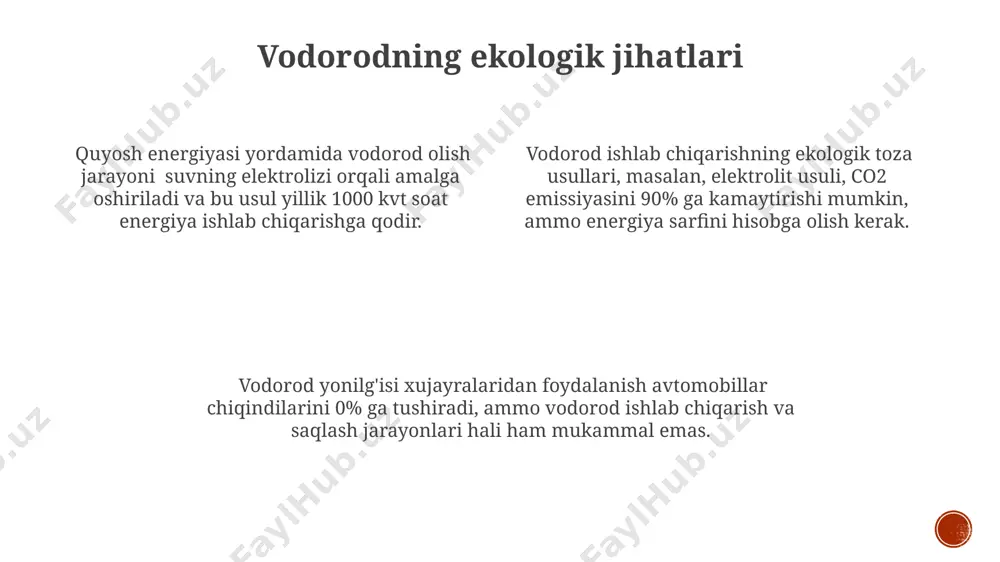rod ishlab chiqarish jarayonida 800-1000°c haroratlarda suvning termik parchalanishi natijasida vodorod va kislorod hosil bo'ladi, bu esa yuqori energiya sarfini talab qiladi. termal usulda vodorod olishda ishlatiladigan xom ashyo – suv bo'lib, u tabiatda keng tarqalgan, ammo jarayonning yuqori iqtisodiy samaradorligi uchun quyosh energiyasi yoki yadro energiyasi kabi arzon energiya manbalaridan foydalanish zarur. fotoelektrokimyoviy vodorod ishlab chiqarish fotoelektrokimyoviy vodorod ishlab chiqarishda quyosh energiyasining 15-20% samaradorlik bilan suvni vodorod va kislorodga ajratishga aylantirilishini ta'minlaydigan yarimo'tkazgich fotoelektrodlar qo'llaniladi. fotoelektrokimyoviy vodorod ishlab chiqarish jarayonining samaradorligini oshirish uchun 80% dan ortiq quyosh nurini yutishga qodir bo'lgan nanostrukturli fotoelektrodlarni qo'llash muhim hisoblanadi. tio2, wo3 kabi metall oksidlari fotoelektrod sifatida ishlatilib, 2.5-3.0 ev oralig'ida energiya bo'shashiga ega bo'lib, suvning fotoelektrolizi uchun yetarli energiya ta'minlaydi. vodorodni saqlash va tashish suyuq vodorod (-253°c da) saqlash va tashish energiya sarfini oshirsa-da, hajmi 800 barobarga kamayadi, bu uzoq masofalarga tashishda samaraliroq. vodorodni yuqori bosimli (700 bargacha) tsilindrlarda saqlash uning hajmini …