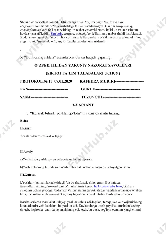 metonimiyada "asosan, biror narsa yoki voqea- hodisaning nomi boshqa bir narsa yoki hodisaga ko‘chiriladi. bu predmet yoki voqea-hodisa ongimizda bir-biri bilan aloqador tushunchalarni anglatishi bilan o‘zaro uzviy bog‘langan bo‘ladi.1 3. mumtoz adabiyot vakillari ijodidan namuna ayting. 4. o’zlik nisbatdagi fe’llarni qatnashtirib, 3ta gap tuzing harakatning bir shaxs yoki narsaning o‘zida sodir bo‘lishini anglatadi. bu nisbat quyidagi affikslar orqali hosil bo‘ladi: a) fe’l o‘zak-negiziga unlidan keyin -n, undoshdan keyin -in affiksini qo‘shish orqali: o‘ra+n, yuv+in; b) fe’l o‘zak-negiziga unlidan keyin -l, undoshdan keyin -il affiksini qo‘shish orqali hosil bo‘ladi: cho‘m+il, surka+l; d) fe’l o‘zak-negiziga unlidan keyin -sh, undoshdan keyin -ish affiksini qo‘shish orqali hosil bo‘ladi: joyla+sh, ker+ish. yetakchi ko‘makchi fe’lli birikmalarga o‘zlik nisbati qo‘shimchasi, asosan, yetakchi fe’lga qo‘shilib keladi: suya+n+ib turmoq, yuv+in+ib kelmoq, qo‘zg‘a+l+ib ketmoq kabi. shuni ham ta’kidlash lozimki, tilimizdagi zavq+lan, achchiq+lan, foyda+lan, o‘ng‘aysiz+lan kabilar o‘zlik nisbatdagi fe’llar hisoblanmaydi. chunki zavqlanmoq, achchiqlanmoq kabi fe’llar tarkibidagi -n nisbat yasovchi emas, balki …