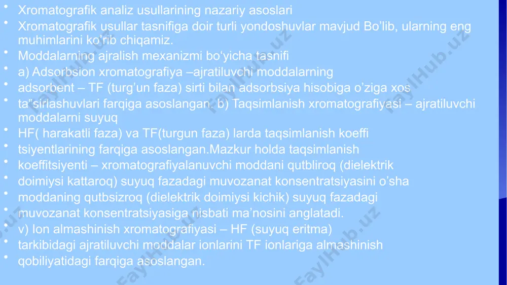 ik molekulalar esa hf bilan sorbentda ushlanmasdan yuvilib chiqadi. bu usulning bir turi – gel xromatografiyada tf boktirilgan gel bolib, uning g’ovaklari aniq olchamga ega. boshqa xromatografik usullar, masalan, elektroxromatografiya (elektroforez) tashqi elektrik maydon ta’sirida har xil ionlarni turli tezlikda siljishiga asoslangan. ion almashinish xromatografiyasida ishlatiladigan asosiy eritmalar va materiallarni tayyorlash. xromatografiya — bu moddalarning turli fazalar orasida ajratilishi va tahlil qilinishi usuli bo‘lib, u kimyo va biokimyo sohalarida keng qo‘llaniladi. ushbu usul 1903 yilda rus botanigi m.s. tsveyt tomonidan taklif qilingan va asosan dinamik muvozanatga asoslanadi. dinamik muvozanat: xromatografik jarayonda modda (a) molekulalari harakatlantirilgan va turar fazalar orasida dinamik muvozanat holatida bo‘ladi. bu shunday bo‘ladi, ya'ni modda molekulalari bir vaqtning o‘zida turar fazada ham, harakatlantirilgan fazada ham mavjud bo‘lishi mumkin: xromatografiyaning nazariy asoslari amaliyotda kimyo, biotexnologiya, farmatsevtika va ekologik tahlil kabi sohalarda keng qo‘llaniladi. ion-juft xromatografiyasida silikagelga s8-s18 alkil radikallari ulangan moddalar sorbent sifatida ishlatiladi. ionlarga ajralgan moddalar namuna …
