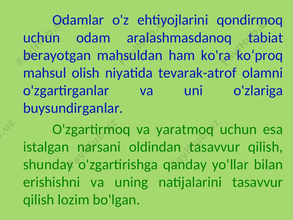 ning xarakterli xususiyati yana shuki, u bevosita vaziyatdan «ajralib» chiqa oladi va makon hamda zamon jihatidan hozirgi vaziyatdan uzoqlashgan yangi vaziyatga «o‘ta oladi». shuning uchun ham ko'pincha «xayol osmonida sayr qilib yurish kabi bir narsa»,— deb gapiradilar. xayol faoliyati tufayli biz, hozirgi paytda bizning oldimizda bo'lmagan narsalarning obrazlarini yaratamiz. biz bu obrazlarni uzoq o'tmishga nazar tashlab, tarixiy voqealarni, tarixiy shaxslarni tasavvur qilib yaratishimiz yoki kelajakka — ertagi, bundan bir yil, besh yil va yuz yillar keyingi davrga - o'z turmushimizning kelajagiga nazar tashlab, o'z kelajagimizning obrazlarini va ideallarini yaratishimiz mumkin. biz jahonning hamma mamlakatlarini xayolimizda kezib chiqib, geografik obyektlarning obrazlarini yaratamiz, yulduzlar va planetalar hamda raketalarda bo'lishi mumkin bo'lgan hayotni tasavvur qilib, yulduzlar olamida kezamiz. xayolning bunday «ko'chish» qobiliyatining qay darajada o'sganligi xayolning nechog'li keng va boy bo'lishini ko'rsatadi. xayol jarayonlaridagi odam tafakkuri katta o'rin oladi. biror yangi obraz yoki tasavvurlar sistemasini yaratishda odamning o'ylab qo'ygan biror murodi amalga oshiriladi, …