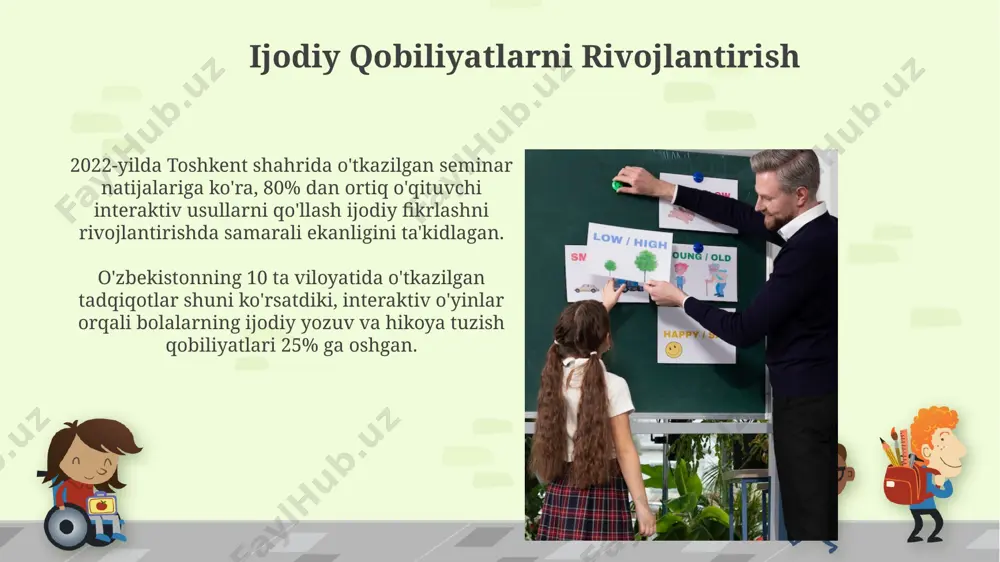 m" o'yini yordamida faol ishtirok etishga undash, samarqanddagi ta'lim muassasalarida samarali natijalar berdi. savollar berish orqali, masalan, 20 ta savol-javob sessiyasi o'tkazish orqali, bolalarning faol qatnashuvini oshirish va ularning 70% dan ortig'i darsga faol jalb qilingan. ta'lim jarayonini qiziqarli va jozibador qilish o'quvchilarning 70% gacha faol ishtiroki bilan samarqanddagi tajriba maktablarida qo'llaniladigan interfaol o'yinlar, darslar samaradorligini 25% ga oshirdi. andijon viloyatidagi 3 ta qishloq maktabida 2022 yilda amalga oshirilgan loyihada, interaktiv uslublar yordamida o'quvchilarning bilim darajasi 10% ga oshdi. interaktiv texnologiyalarni qo'llash imkoniyatlari interaktiv elektron taxtalar, 25 nafar o'quvchiga ega bo'lgan andijon shahridagi sinflarda, 30 minutlik dars davomida 50% dan ortiq o'quvchilarning faol ishtirokini ta'minlash va ularning tushunchasini oshirishga yordam beradi. o'yinlashtirilgan interaktiv testlar, 7-sinf matematika darslarida 100 dan ortiq savol bilan, samarqanddagi maktablarda o'quvchilarning motivatsiyasini va matematik qobiliyatlarini 15% ga yaxshilashga yordam beradi. yosh bolalar uchun interaktiv o'yinlarning ahamiyati interaktiv o'yinlar, jumladan, 7-10 yoshdagi bolalar uchun mo'ljallangan "matematik sarguzasht" …
