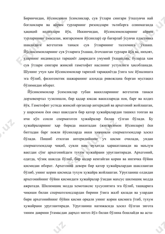 ёки спорогонийга айланади. спорогон кўсак шаклида бўлиб, унинг уст томонида қопқоқчаси бор. йўсинсимонларнинг турли хил вакилларида спорогон тузилиш жиҳатидан турлича бўлади. унинг девори бир ёки кўп қаватли, ичида спорогон тўқималари ёки бошқача археспорий (спора ҳосил қилувчи ҳужайралар) жойлашган. редукцион бўлинишидан тўрттадан гаплоид споралар вужудга келади. йўсинсимонларнинг спорофити кўпинча спорогон бандида жойлашган, ҳеч қачон поя ва барг ҳосил қилмайди. чунки алоҳида ҳаёт кечириш имконига эга эмас. шунга кўра, гаметофитнинг бир қисми ҳисобланади ва унинг ҳисобига озиқланади. съҳундай қилиб, йўсинсимон ўсимликларда гаметофит наслнинг спорофит наслга нисбатан устунлиги аниқ. йўсинсимонларнинг кўпгина турлари кўп ҳужайрали куртаклар ёрдамида вегетатив йўл билан ҳам кўпаяди. бу ўсимликлар палеозой эрасининг тошкўмир даврида пайдо бўлган қадимий ўсимликлардан ҳисобланади. псилофитсимон, йўсинсимон ўсимликлар гаметофит ва спорофит насли бир хилда ривожланган, қуруқликка чиққан ўсимликларнинг энг содда вакилларидан вужудга келган. йўсинсимонларга 20 мингдан ортиқ ўсимлик тури мансуб бўлиб, улар, одатда, икки аждодга бўлиб ўрганилади: 1. жигарсимон йўсинлар — ҳепатиcаэ. 2. поя баргли йўсинлар …