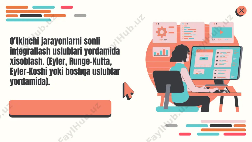 odeli y' = ky tenglamasi orqali ifodalanadi, bu yerda k - o‘sish koeffitsienti. eyler usuli yordamida, masalan, aholi o‘sishini 10 yil davomida prognoz qilamiz va natijada aholi sonining oshishini ko‘ramiz. runge-kutta usuli: kirish runge-kutta usuli, o‘tkinchi jarayonlarni sonli integrallashda muhim ahamiyatga ega bo‘lgan hisoblash usulidir. ushbu usul, differential tenglamalarni yechishda yuqori aniqlikni ta'minlaydi va ko‘plab matematik muammolarni hal qilishda qo‘llaniladi. runge-kutta usulining matematik asoslari, bir necha nuqtalarda funktsiyani baholash orqali yechimni yaqinlashtirishga asoslanadi. masalan, 2-chi va 4-chi tartibli usullar bir nechta prognozlarni birlashtirib, aniq natijalar olish imkonini beradi. o‘tkinchi jarayonlarni hisoblashda, bu usul fizikaviy va iqtisodiy modellarni tahlil qilishda keng qo‘llaniladi, chunki u o‘zining aniqligi va samaradorligi bilan ajralib turadi. runge-kutta usuli, euler usuliga nisbatan yanada mukammal va natijalarni yaxshilashga imkon beradi. * runge-kutta usulining turlari runge-kutta usuli turli xil variantlarga ega, eng mashhuri esa oddiy 4-tartibli runge-kutta usulidir. ushbu usul har bir nuqtada funksiya qiymatini aniqlashda ko‘p qirrali yondashuvni …