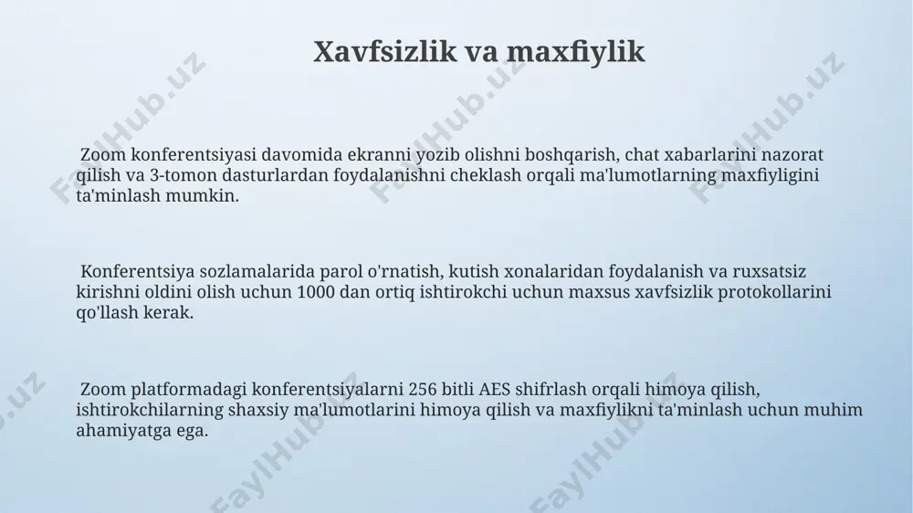 bog'lash uchun kichik guruhlarga bo'lish va alohida xonalarni yaratish samarali usul hisoblanadi. texnik muammolarni bartaraf etish uchun kamida 2 nafar texnik yordamchi tayyorlab qo'yish va ularning aloqa ma'lumotlarini ishtirokchilarga yetkazish muhim ahamiyatga ega. konferensiyani yozib olish va saqlash konferensiya yozuvini saqlashdan oldin, uning nomini va tavsifini aniqlashtirish muhim, chunki kelajakda kerakli yozuvni topish osonroq bo'ladi. bu sizga 500 dan ortiq yozuvlarni samarali boshqarishda yordam beradi. zoom platformada konferensiyani yozib olish uchun "yozuvga boshlash" tugmasini bosishingiz kerak, bu esa 1080p gacha bo'lgan hd sifatida video va audio yozuvlarni yaratadi. yozuvlar mp4 formatida saqlanadi. katta hajmdagi konferensiyalar uchun bulutli saqlash xizmatlaridan, masalan, google drive yoki dropboxdan foydalanish tavsiya etiladi, chunki 100 dan ortiq ishtirokchi bilan konferensiya yozuvlari juda katta hajmga ega bo'lishi mumkin. konferensiya sozlamalari konferensiya davomiyligini cheklash, yozuvlarni avtomatik saqlashni yoqish/o'chirish kabi qo'shimcha funksiyalarni konferensiya sozlamalari orqali boshqarishingiz mumkin. zoom konferensiyasi sozlamalarida audio va video sozlamalarini (masalan, hd sifatini yoqish/o'chirish) hamda …