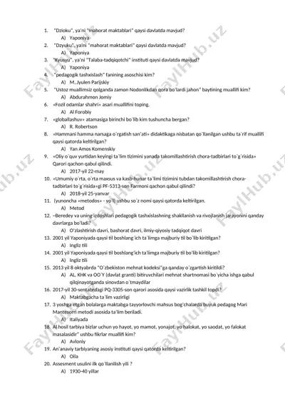 pedagogika psixalogiya savollar — DOCX