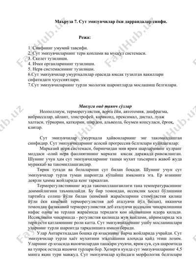 sut emizuvchilari yoki darrandalar sinfi — DOCX