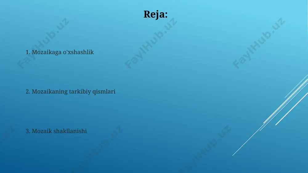 llashtirilishi modellashtirishda 2d va 3d tasvirlarni qo'llash orqali mozaik tuzilmalarning mikro va makroskopik xususiyatlarini aniqlash mumkin, bu esa materialshunoslikda muhim ahamiyat kasb etadi. mozaik tuzilmalarning fraktal o'lchamlari 1,5 dan 2,5 gacha o'zgarib, murakkab geometrik xususiyatlarini aks ettiradi va ularning o'z-o'zini o'xshashligini ko'rsatadi. e'tiboringiz uchun rahmat @taqdimot_robot image1.jpg image2.jpg image3.jpg image4.jpg image5.jpg