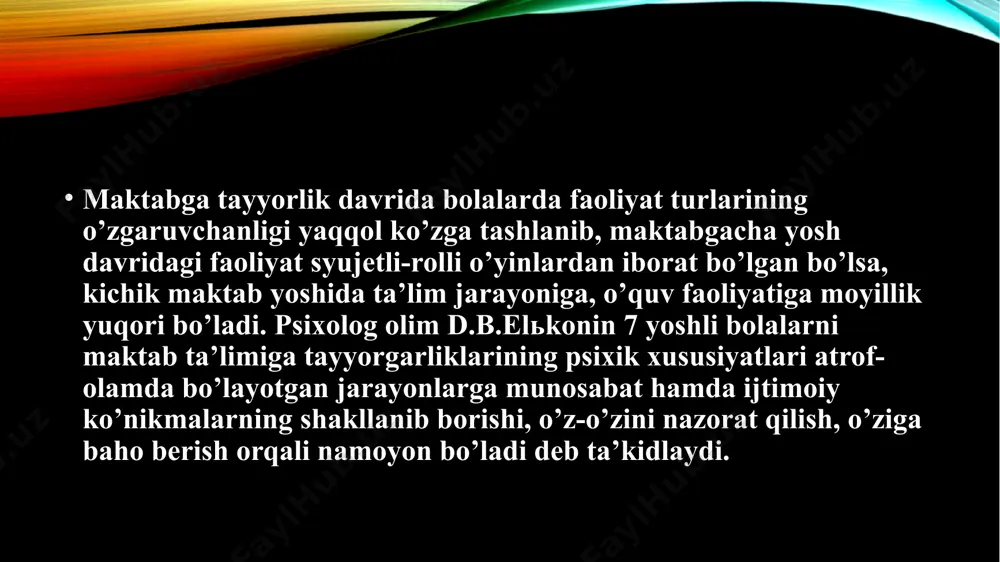 abga tayyorgarlik” tushunchasi bolani maktabga tayyorlashning quyidagi yo’nalishlarini o’z ichiga oladi: jismoniy, shaxsiy (ruhiy), aqliy va max­sus tayyorgarlik. maktabga psixologik tayyorgarlikni aniqlashning metodlaridan alohida m.n.kostikova (1987) metodikasi turadi. muallif test sinovlari natijasiga ko’ra ish tutishni emas (sinaluvchi bilan figurali, xotira va holatni o’rganuvchi metodikalarni o’tkazishadi) balki bolalar bilan sinalayotgan qiyinchiliklarni va ular uchun topshiriqni muvaffaqiyatli bajarishdan zarur bo’lgan yordam turlarini tahlil qilib, yechish jarayoniga tayanishini taklif qiladi. qiyinchiliklar deganda topshiriqlarni bajarishdagi har qanday to’xtalishlar, ularning har qanday noto’g’ri bajarilishi (masalan, uncha samarali bo’lmagan ish usuli), o’rtacha vaqt ko’rsatkichidan oshib ketishlar tushuniladi. qiyinchiliklar bolaning tajribaviy sinov topshirig’ini me’erlarga ko’ra bajara olmasligi haqida dalolat beradi. bolaning mustaqil ravishda qiyinchiliklarni bartaraf etaolmaganida sinovchi qiyinchiliklarni bartaraf etish shart-sharoitlarini yaratishni boshlaydi. qiyinchiliklarni bartaraf etish shartlari sharoitlari deganda ish jarayonida bolaga ko’rsatiladigan turli hil yordam turlari ko’zda tutiladi. har bir aniq vaziyatda yordam bola bilan sinalayotgan qiyinchiliklarni bartaraf etish uchun talab qilinadigan hajm va sifatda amalga …