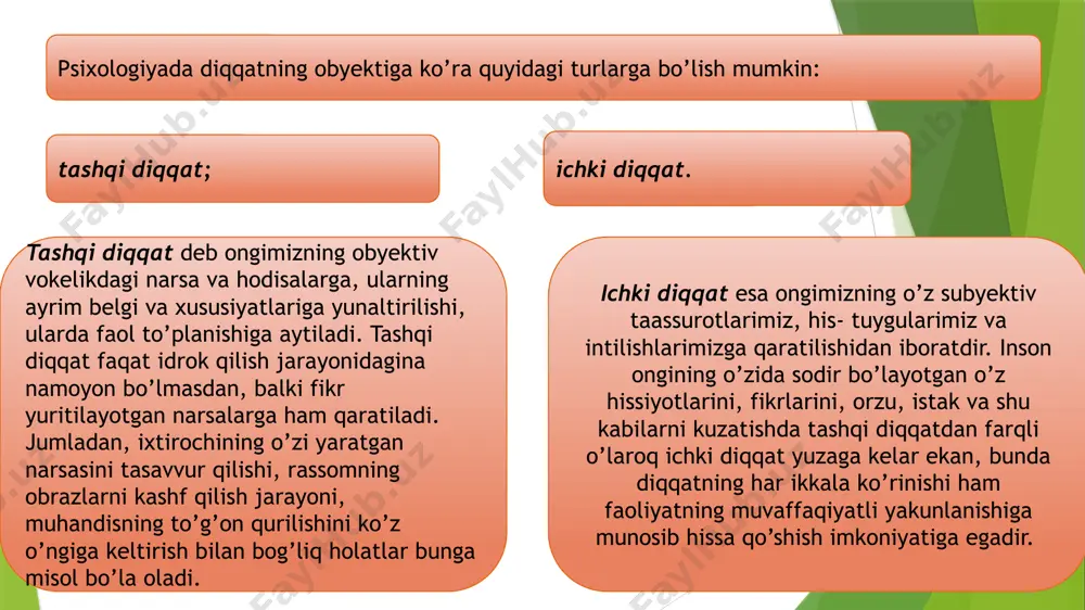 loq bo’limlarini sezgi xususiyatlari sezgi xususiyatlari ketma-ket obrazlar sensebilizatsiya sezishning boshlanishi keskin farqlanish (kontrast) moslashish (adaptatsiya) sezgi turlari sezgi turlari eksteroretseptiv ko’rish, hid bilish, ta’m bilish, eshitish, haroratni sezish, taktil propriotseptiv interortseptiv muskul-harakat og’riqni sezish, muvozanatni sezish, tezlanishni sezish ko’rish sezgilari. inson tomonidan rang va yorug’likni sezish ko’rish sezgilari tarkibiga kirib, uning organi - ko’z hisoblanib, u ko’z soqqasi va undan chiqib keladigan ko’ruv nervlaridan tashkil topgan. insonning hayoti va faoliyatida kurish sezgilarining roli benihoya katta. ko’rish hodisasini vujudga keltiruvchi fizik sabab har xil uzunlikda bo’lgan elektromagnit tulqinlaridir. odamning ko’zi 390 millimikrondan 800 millimikrongacha uzun elektromagnit tulqinlari taassurotini seza oladi. ko’z murakkab tuzilgan sezgi a’zosi bo’lib, u ko’z kosasida joylashgan va maxsus ko’z mushaklari yordami bilan har tomonga burila oladi. ko’zimizga ko’rinadigan har bir narsaning o’ziga xos rangi bor. faqat juda tiniq narsalarning rangi yo’q, shuning uchun ham ular ko’zga ko’rinmaydi. eshitish sezgilari tovushlarni eshitishdan iborat bo’lib, musiqaviy va shovqinli …