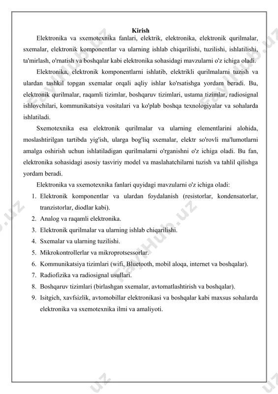 isoblanadi, p-n-p hamda n-p-n tipida tranzistorlar ishlab chiqariladi. ular signallarni o‘zgartirish, kuchaytirish vazifalarini bajaradi. tranzistordan yig‘ilgan kuchaytirgichlar ikki xil ulanish sxemasiga ega, umumiy manfiy va umumiy musbatli sxema, kirishning bir uchi chiqishning bir uchi ta’minot zanjirining qaysi bir uchiga ulangan bo‘lsa, o‘sha nom bilan ataladi. ular asosan a rejim, b rejim, ab rejim sxemalarda yig‘iladi. ishlab chiqarishda kuchaytirgichlar tranzistorda, transformatorda yoki mikrosxemada yig‘ilgan bo‘ladi. umumiy musbatli sxema umumiy manfiyli sxema. 1-jadval tranzistornio‘rtachaquvvati past chastota (3 mhz gacha) o‘rta chachastota (3–30 mhz) yuqori chastota (30 mhz dan yuqori) kichik quvvatli (0,3 w gacha) 101–199 201–299 301–399 o‘rta quvvatli (0,3–3 w gacha) 401–4992 501–599 601–699 katta quvvatli (3 w gacha) 701–799 801–899 901–999 umumiy emitterli sxemaning sharhi umumiy emitterli sxema um e sxemada tok va signal oqimi (qizil – tok, yashil – signal oqimi) kt1 tranzistorining emitteriga ta’minotning musbat qutbi, kollektorga r2 kaskad yuklamasi orqali ta’minotning manfiy qutbi uzatiladi, kirish signali c1 …