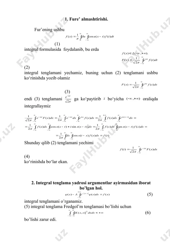 (2) integral tenglamani yechamiz, buning uchun (2) tenglamani ushbu ko‘rinishda yozib olamiz (3) endi (3) tenglamani ga ko‘paytirib bo‘yicha oraliqda integrallaymiz shunday qilib (2) tenglamani yechimi (4) ko‘rinishda bo‘lar ekan. 2. integral tenglama yadrosi argumentlar ayirmasidan iborat bo’lgan hol. (5) integral tenglamani o’rganamiz. (5) integral tenglama fredgol’m tenglamasi bo’lishi uchun (6) bo’lishi zarur edi. (5) tenglama uchun (6) shartni buzulganligini ko’rsatamiz ya’ni yadro kvadrati bilan integrallanuvchi emas. haqiqatdan ham (7) ichki integralni hisoblaymiz bu tenglikdan (8) ekanligi kelib chiqadi. demak (5) tenglama fredgol’m tenglamasi emas. endi (5) tenglamani echish usulini keltiramiz. tenglamaning ikki tomoniga fur’e almashtirishni qo’llaymiz buning uchun ikki tomonini ko’paytirib oraliqda integrallaymiz (9) va ushbu belgilashlarni kiritib ushbu (10) integralni hisoblaymiz. ichki integralda ushbu almashtirishni bajaramiz, u holda (11) shunday qilib (11) ga asosan (10) ifodani quyidagicha yozib olamiz (12) (12) ga asoasn (9) ifoda sodda tenglamaga keladi agar bo’lsa, u holda . demak yechimga kelamiz. bu erdan …