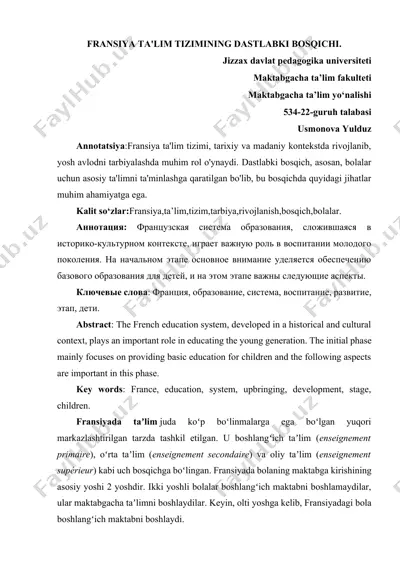 fransiya ta'lim tizimining dastlabki bosqichi — DOCX