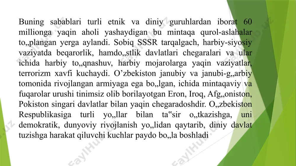 iy nizomlar «ichki xizmat nizomi», «intizom nizomi», «garnizon va qorovul xizmatlari nizomi» va «saf nizomi»dan tashkil topgan. qurolli kuchlarda harbiy xizmatchilarning huquqlari, majburiyatlari va ular o’rtasidagi o’zaro munosabatlarni, ichki tartib qoidalarini belgilab berishda, harbiy qism oldiga qo’yilgan kundalik va jangovar vazifalarning to’laqonli bajarilishida, harbiy xizmatchilarga madaniy va maishiy sharoitlar yaratilishida, kun tartibining to’g’ri tashkil etilishida ichki xizmat nizomi katta rol o’ynaydi. mazkur nizomda o’zbek xalqiga xos axloqiy normalarga alohida ahamiyat qaratilgan. 2017-yil avgust oyidan boshlab qurolli kuchlar tarkibidagi mustaqil tuzilma sifatida faoliyat koʻrsatmoqda. 2018-yilda ichki ishlar tizimidagi harbiy texnika oliy bilim yurti milliy gvardiya harbiy texnika instituti etib qayta tashkil etildi. 2019-yil yanvar oyida ichki ishlar vazirligining qoʻriqlash bosh boshqarmasi milliy gvardiya tarkibiga oʻtkazild 2021-yil 3-mart kungi oʻzbekiston prezidenti qaroriga muvofiq, nukus, fargʻona va jizzaxda mintaqaviy oʻquv markazlari ochild shaharlar va aholi punktlarida jamoat tartibi va xavfsizlikning saqlashini taʼminlashda koʻmaklashadi. davlat ahamiyatiga ega va hayotiy muhim obyektlar, xorijiy davlatlarning diplomatik, …