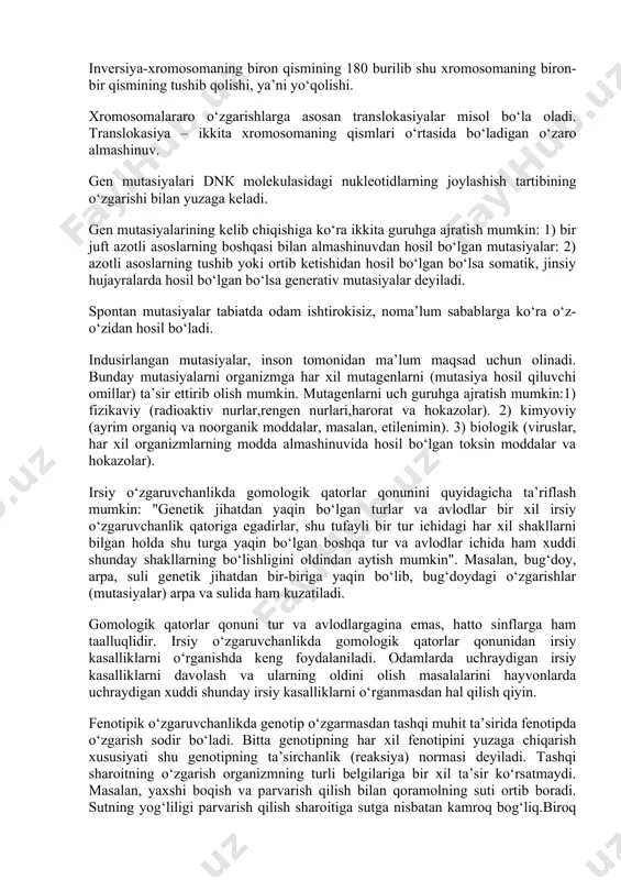 g tushib yoki ortib ketishidan hosil bo‘lgan bo‘lsa somatik, jinsiy hujayralarda hosil bo‘lgan bo‘lsa generativ mutasiyalar deyiladi. spontan mutasiyalar tabiatda odam ishtirokisiz, noma’lum sabablarga ko‘ra o‘z-o‘zidan hosil bo‘ladi. indusirlangan mutasiyalar, inson tomonidan ma’lum maqsad uchun olinadi. bunday mutasiyalarni organizmga har xil mutagenlarni (mutasiya hosil qiluvchi omillar) ta’sir ettirib olish mumkin. mutagenlarni uch guruhga ajratish mumkin:1) fizikaviy (radioaktiv nurlar,rengen nurlari,harorat va hokazolar). 2) kimyoviy (ayrim organiq va noorganik moddalar, masalan, etilenimin). 3) biologik (viruslar, har xil organizmlarning modda almashinuvida hosil bo‘lgan toksin moddalar va hokazolar). irsiy o‘zgaruvchanlikda gomologik qatorlar qonunini quyidagicha ta’riflash mumkin: "genetik jihatdan yaqin bo‘lgan turlar va avlodlar bir xil irsiy o‘zgaruvchanlik qatoriga egadirlar, shu tufayli bir tur ichidagi har xil shakllarni bilgan holda shu turga yaqin bo‘lgan boshqa tur va avlodlar ichida ham xuddi shunday shakllarning bo‘lishligini oldindan aytish mumkin". masalan, bug‘doy, arpa, suli genetik jihatdan bir-biriga yaqin bo‘lib, bug‘doydagi o‘zgarishlar (mutasiyalar) arpa va sulida ham kuzatiladi. gomologik …