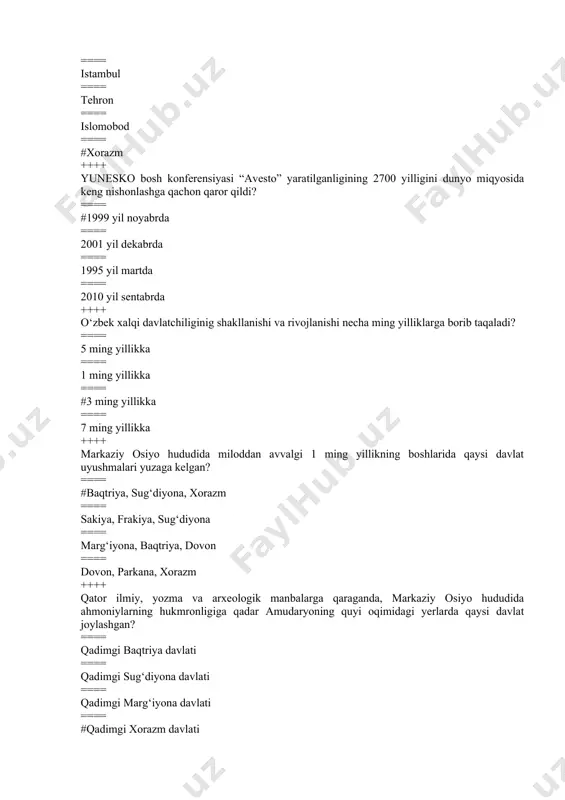 yilda ++++ vii asrning ikkinchi yarmi, ya’ni 654-yil maymurg‘ va 667-yil chag‘oniyonga hujum qilgan davlat to‘g‘ri ko‘rsatilgan qatorni toping. ==== #arab xalifaligi ==== somoniylar davlati ==== qoraxoniylar davlari ==== kushon podsholigi ++++ o‘zbek davlatchiligi tarixida somoniylar davlatiga qaysi hukmdor asos solgan? ==== mahmud somoniy ==== dovud somoniy ==== #ismoil somoniy ==== nasr somoniy ++++ xorazmshohlar davlatiga bostirib kelgan mo‘g‘ullar hukmdori to‘g‘ri ko‘rsatilgan qatorni toping. ==== botuxon ==== #chingizxon ==== ibrohim cho‘bin ==== aktaybey ++++ xorazmshohlar davlatining so‘nggi hukmdori kim? ==== #jaloliddin manguberdi ==== muhammad xorazmshoh ==== alouddin takash ==== mahmud g‘aznaviy ++++ amir temur nechanchi yillarda yashagan? ==== 1370-1426 yillarda ==== 1441-1501 yillarda ==== #1336-1405 yillarda ==== 1459-1510 yillarda ++++ o‘rta asrlarda o‘lkamiz hududlarida mavjud bo‘lgan xonliklar to‘g‘ri ko‘rsatilgan qatorni toping. ==== shayboniylar xonligi, andijon xonligi, buxoro xonligi ==== termiz xonligi, buxoro amirligi, qarshi amirligi ==== #xiva xonligi, qo‘qon xonligi, buxoro amirligi ==== farg‘ona xonligi, buxoro amirligi, xorazm xonligi ++++ …