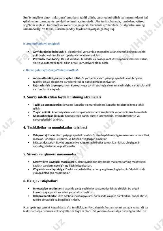 siya, tasniflash (classification), qaror daraxtlari (decision trees), sun'iy neyron tarmoqlari. b. unsupervised learning (nazoratsiz o‘rganish) · tavsifi: ushbu algoritmlar ma'lumotlar to‘plamidan o‘z-o‘zini o‘rganish orqali naqshlarni aniqlaydi. natija belgilangan emas. · misollar: k-means clustering, asosiy komponentlar tahlili (pca), o‘rganish asosida tavsiflash. c. reinforcement learning (kuchaytirish o‘rganishi) · tavsifi: bu algoritmlar muhit bilan o‘zaro ta'sir qilib, mukofot va jazolar orqali o‘rganadi. tizim o‘z harakatlarini qanday qilib yaxshilashni o‘rganadi. · misollar: qayta o‘rganish (q-learning), deep q-networks (dqn). 2. optimallash algoritmlari · tavsifi: ma'lum bir maqsadga erishish uchun eng yaxshi yechimni topishga qaratilgan. ushbu algoritmlar resurslarni optimallashtirish yoki maksimal foyda olish uchun qo‘llaniladi. · misollar: genetik algoritmlar, simulyatsiyalangan annealing, dastlabki variantlarni izlash. 3. neyron tarmoqlari · tavsifi: neyron tarmoqlari sun'iy intellektning murakkab algoritmlari bo‘lib, inson miya tuzilmasiga o‘xshab ishlaydi. ular ko‘p qatlamli tarmoqlarda ma'lumotlarni o‘rganadi. · misollar: konvolyutsion neyron tarmoqlari (cnn) — tasvirni tanish uchun; takroriy neyron tarmoqlar (rnn) — ketma-ket ma'lumotlar (masalan, matn) …