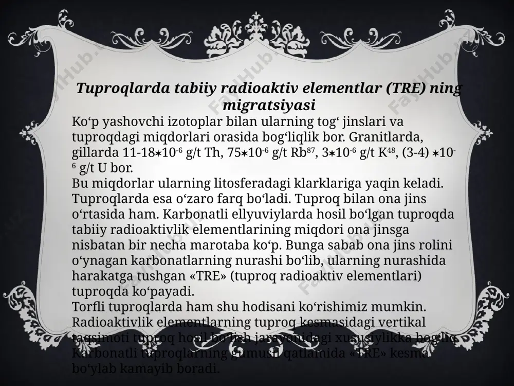 da nihoyat katta ehtiyotlik hamda bilimdonlik talab etiladi. aks holda tezda tuproq va u orqali landshaftning boshqa bloklari ifloslanadi. tuproqning ifloslantiruvchi omillari, ya’ni radioaktiv elementlarni aniqlash qimmatbaho texnika va katta bilimga muhtoj. e’tiboringiz uchun raxmat! image3.png image4.png image5.gif image6.gif image7.gif image8.jpeg image9.jpeg image2.png /docprops/thumbnail.jpeg
