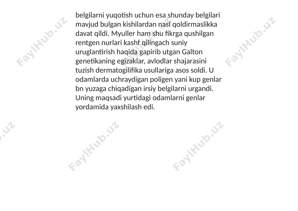 hun bir tuxumli egizaklarning 44 % da kasallanish bilan hasan-husan yoki fotima-zuhra baravar og'riydilar. har xil tuxumli egizaklarda esa bu hoi 14 % ni tashkil qiladi. revmatizm bir tuxumli egizaklarda 37 %, har xil tuxumli egizaklarda 6,6 % ni tashkil qiladi. biokimyoviy usul. odamda uchraydigan juda ko'p patologik holatlar modda-lar almashinuvining odatdagicha borishida har xil o'zgarishlar yuzaga kelishiga bog'liq bo'ladi, buni tegishli biokimyoviy usullar bilan aniqlash mumkin. bu usul yordamida qandli diabet kasalligining sabablari o'rganiladi. bu kasallik me'da osti bezining odatdagi faoliyati buzilishiga bog'liq bo'ladi, bu bez qonga insulin gormonini kam ajratadi. natijada qondagi qand miqdori ko'payib, odam organizmidagi moddalar almashinuvida chuqur o'zgarishlar ro'y beradi image8.png image11.png image13.png image16.png image21.png /docprops/thumbnail.jpeg