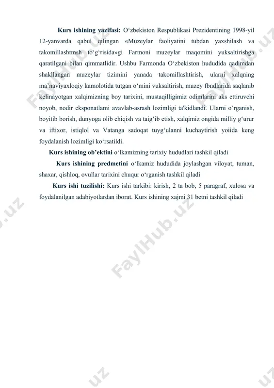 yurtini, ona tuprog‘ini e’zozlagan inson haqiqiy inson bo‘lib vetishadi va oldiga qo‘ygan vazifaga erishadi. tarixga nazar tashlasak, o‘z o‘lkasini sevmagan va uning tuprog‘ini ardoqlamagan biron zotni uchrata olmaymiz. har bir yosh avlodning o‘z o‘lkasi tarixini o‘rganishi va vatanini sevishi muqaddas burch hisoblanadi. tarixiy o‘lkashunoslik tarix fanining tarkibiy qismi hisoblanib, bir qancha manbalarga tayanib o‘rganiladi. tarixiy o‘lkashunoslikni o‘rganishda qimmatli bo‘lgan manbalarga tarixiy geografiya, arxeologik, toponimik, etnografik, antropologik, me’morchilik, arxiv va yozma manbalami kiritish mumkin. tarixiy manba deganda uzoq o‘tmishdaii qolgan, tabiat va jamiyatning ma’lum bosqichdagi kechniishini o‘zida aks ettirgan moddiy va ma’naviy manbalami tushunamiz. moddiy yodgorliklarga - qadimiy obidalar, manzilgohlar va mozorlar, shaharlar, qasrlar va qal’alar xarobalari, uy-ro‘zg‘or buvumlari va boshqalar kiradi. ma’naviy yodgorliklar deganda qadimgi yozuvlar. xalq og‘zaki ijodi namunalari, afsonalar. yozma yodgorliklar, bitik, qo‘lyozma kitob va arxiv hujjatlari tushuniladi. umuman, tarixiy manba inson ijtimoiy faoliyati natijasida paydo bo‘lgan va uning xususiyatlarini ozida aks ettirgan moddiv va ma’naviy manbalardan iboratdir. …