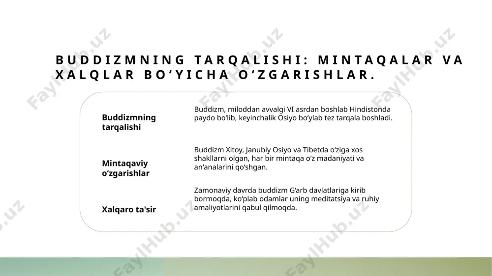 a rivojlangan va meditatsiyaga asoslangan. u, ichki tinchlik va ruhiy o'sishga erishishga intiladi, o'z-o'zini anglashga e'tibor beradi. muqaddas manbalar: buddizmda qabul qilingan matnlar va ularning ahamiyati. 1 muqaddas matnlar buddizmda muqaddas matnlar, asosan, tripitaka (pali canon) va mahayana sutralaridan iborat bo‘lib, ular ta'limotlarni belgilaydi. 2 tripitaka haqida tripitaka, uch qismdan iborat bo‘lib, buddha ta'limotlari va qadriyatlarini o‘z ichiga oladi. bu matnlar, ko‘plab buddistlar uchun asosiy manba hisoblanadi. 3 mahayana sutralari mahayana buddizmida muhim ahamiyatga ega bo‘lgan sutralar, bodhisattva idealini ta'kidlaydi va insoniyatga yordam berish maqsadini ko‘zlaydi. xulosa 1 buddizmning asosiy tamoyillari buddizm hayot, o'lim va reinkarnatsiya tushunchalari orqali insonning ruhiy o'sishi va o'zini anglashga yo'naltirilgan asosiy tamoyillarni taqdim etadi. 2 tarixiy rivojlanish jarayoni buddizm tarixiy jarayoni davomida mahayana va theravada kabi oqimlarga ajralib, turli mintaqalarda o'ziga xos talqinlar va amaliyotlar shakllangan. 3 muqaddas manbalar va ahamiyati buddizmda muqaddas manbalar, masalan, tripitaka, ta'limot va amaliyotlarning asosiy manbai bo'lib, ular etika va …